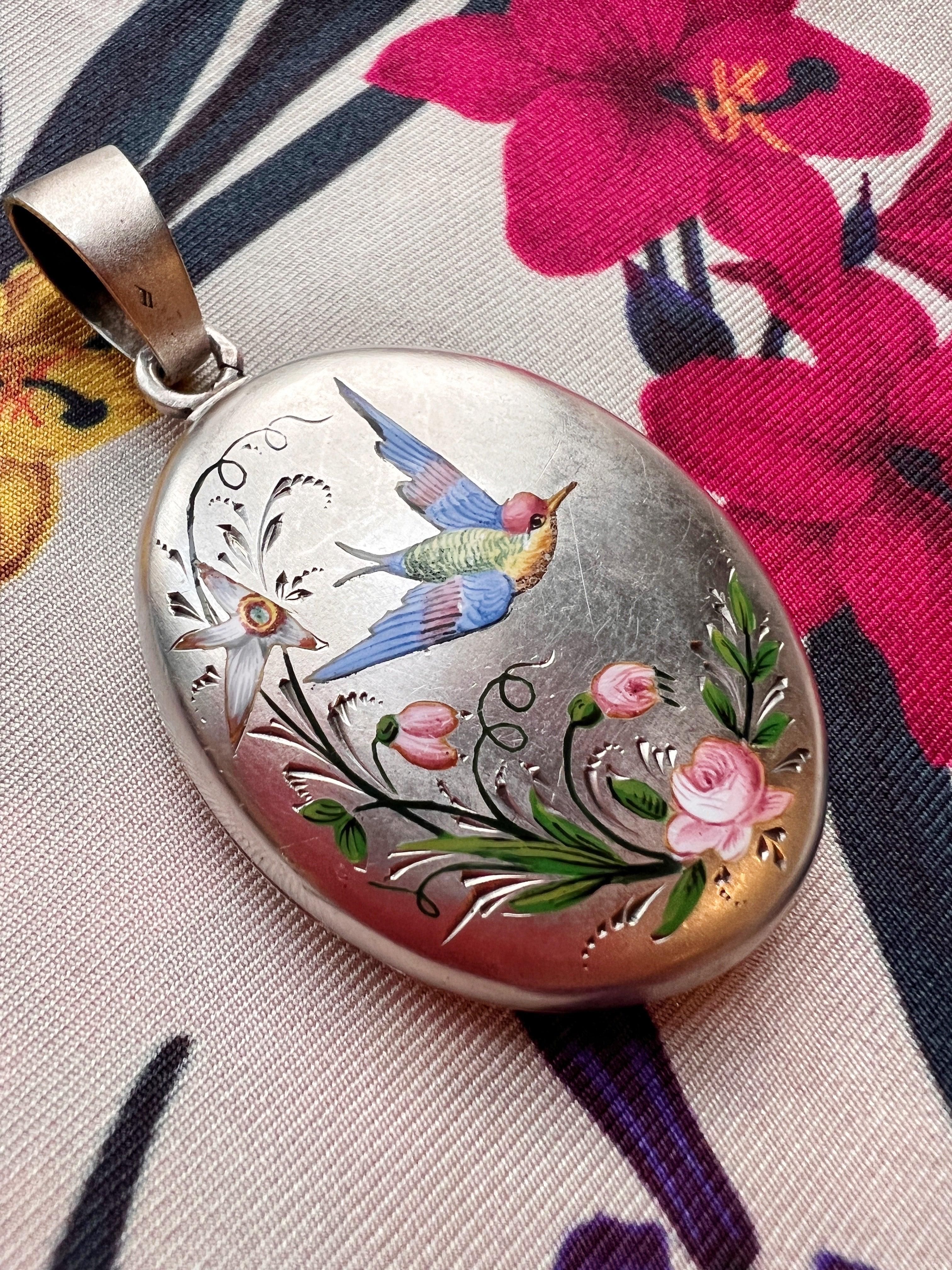 Very sentimental French antique silver enameled Swallow rose flower locket pendant - Curiously timeless