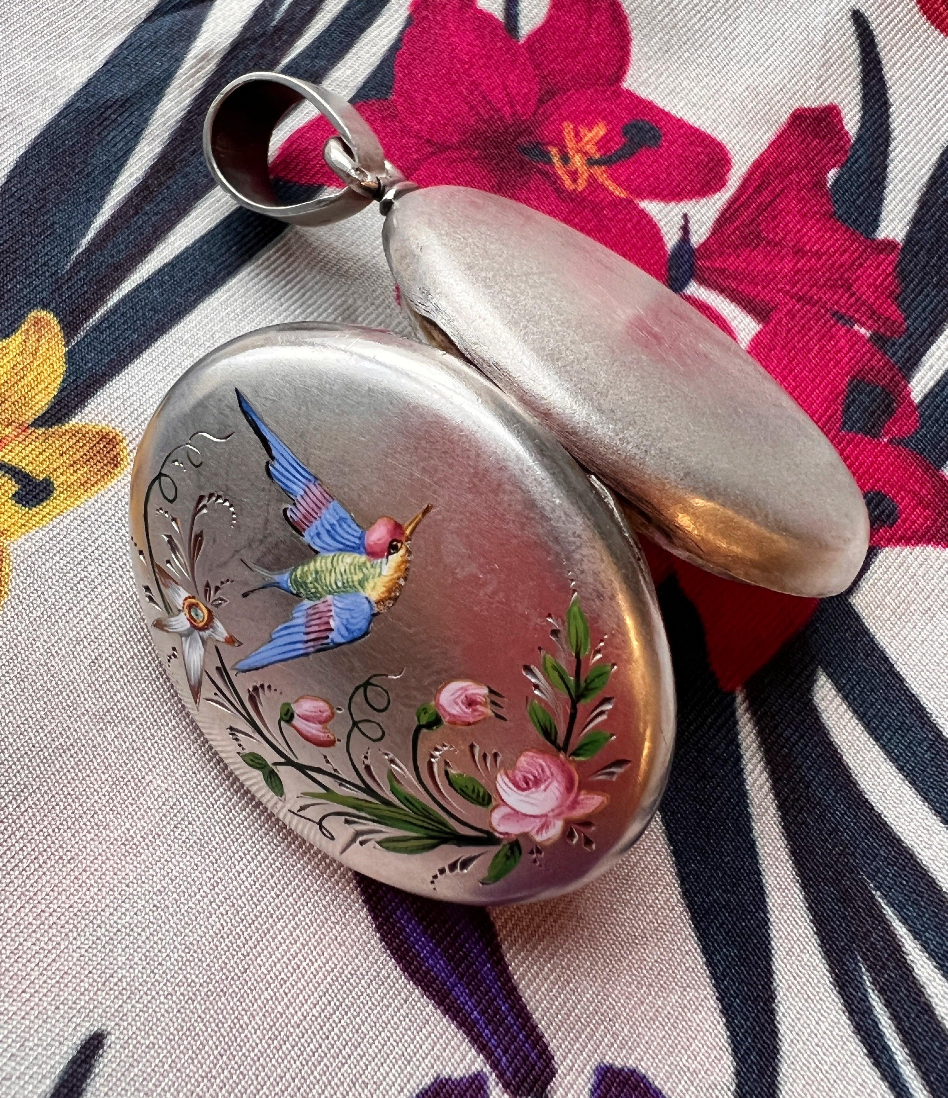 Very sentimental French antique silver enameled Swallow rose flower locket pendant - Curiously timeless