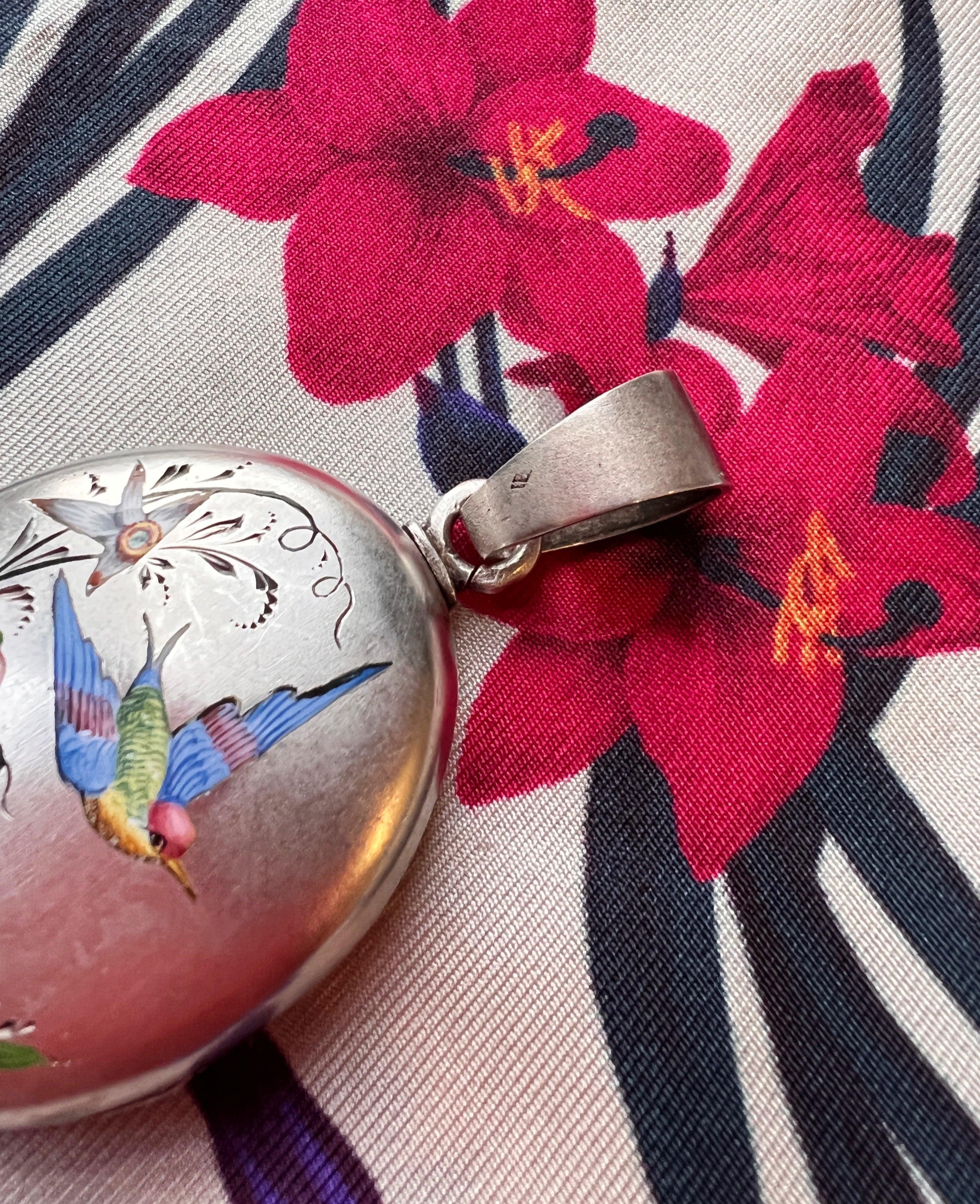 Very sentimental French antique silver enameled Swallow rose flower locket pendant - Curiously timeless