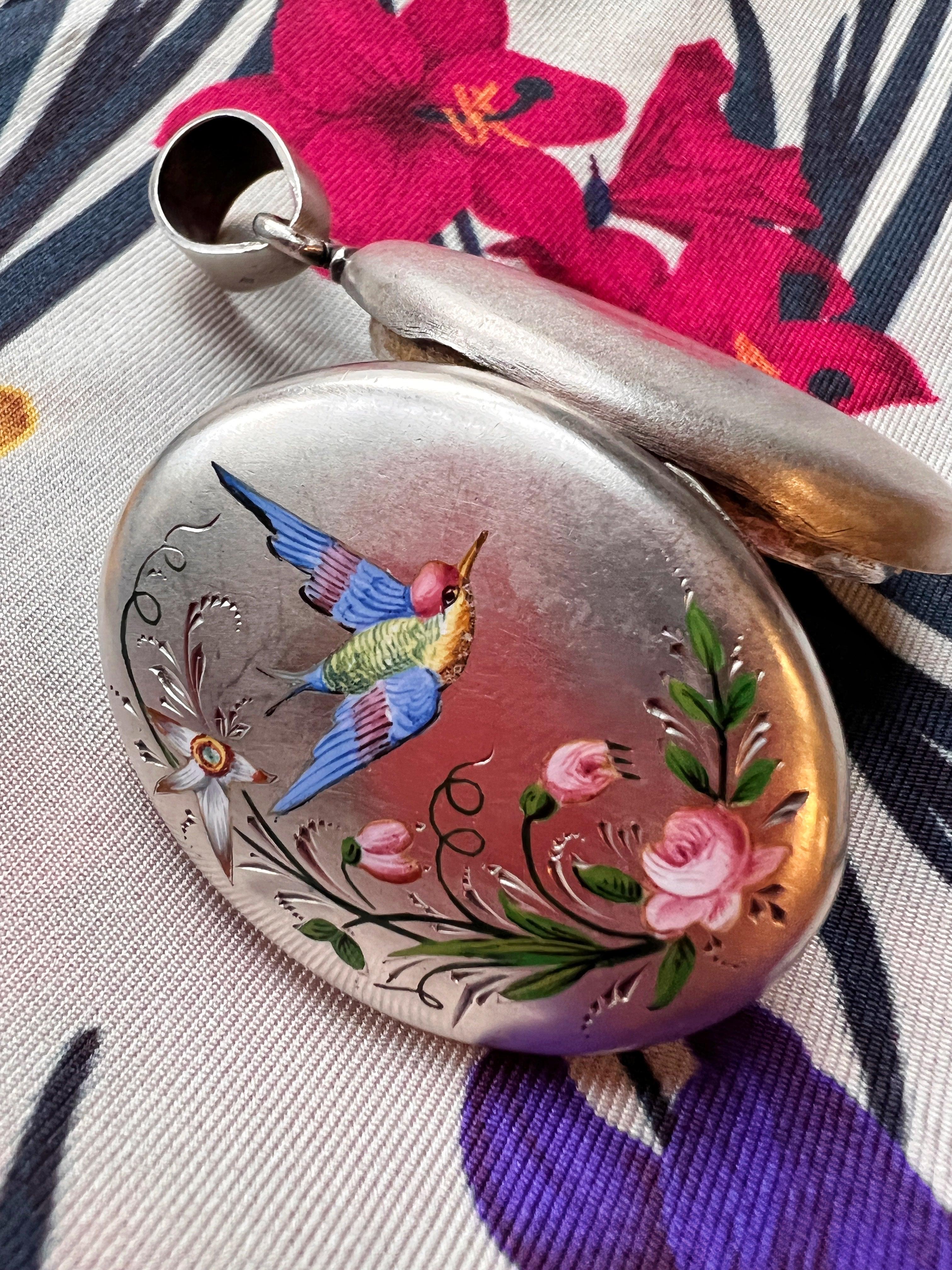 Very sentimental French antique silver enameled Swallow rose flower locket pendant - Curiously timeless