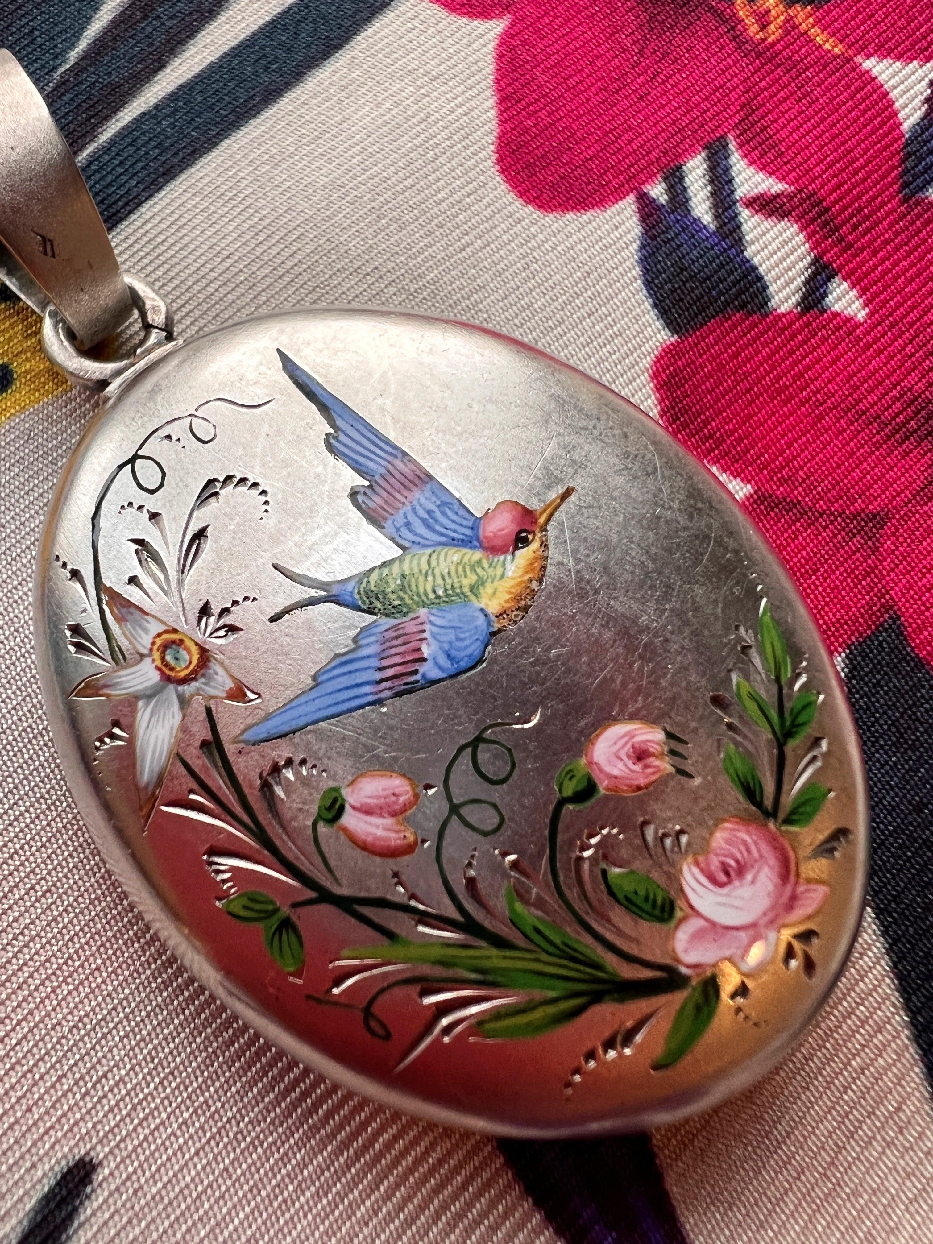 Very sentimental French antique silver enameled Swallow rose flower locket pendant - Curiously timeless