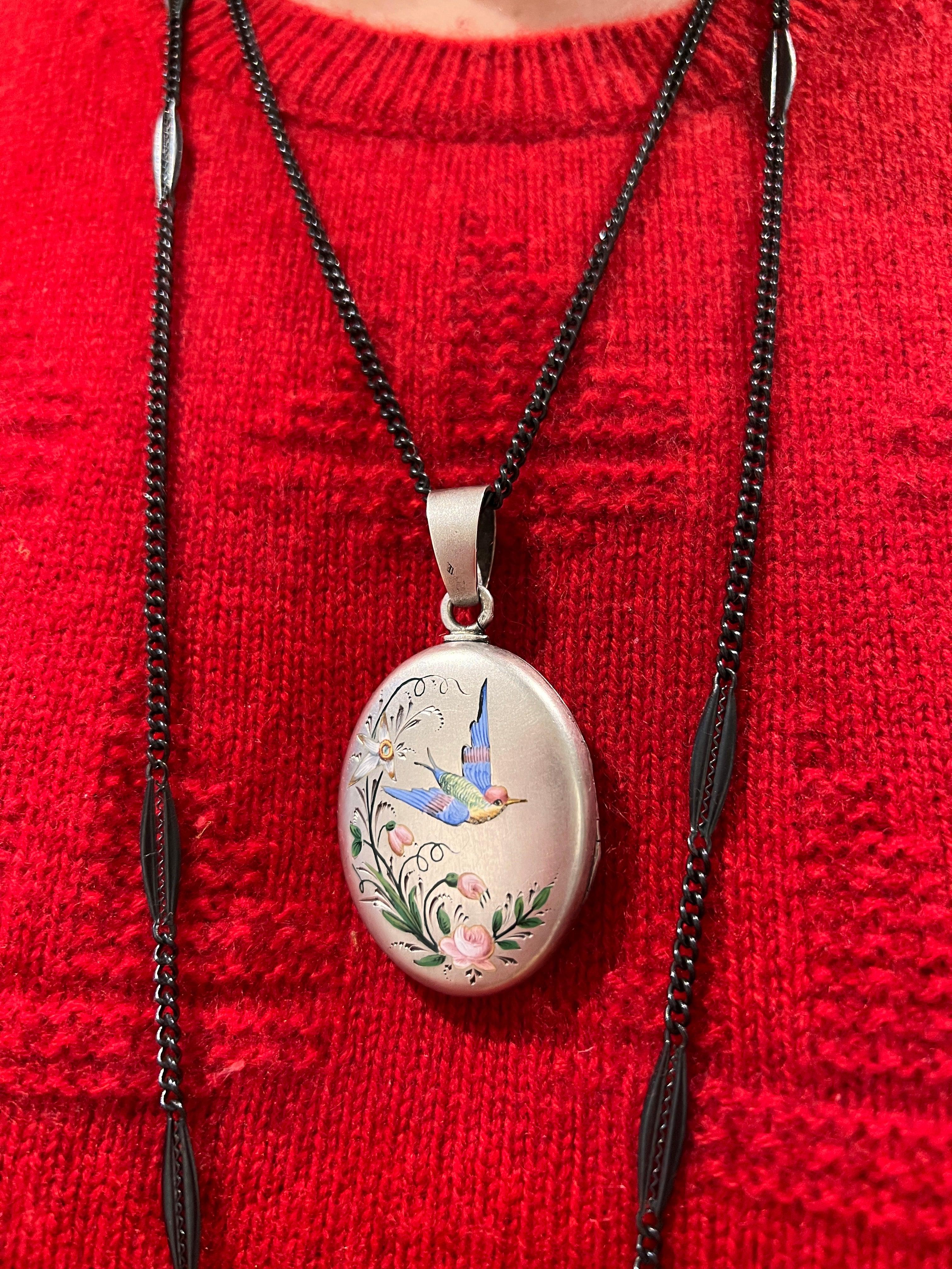 Very sentimental French antique silver enameled Swallow rose flower locket pendant - Curiously timeless