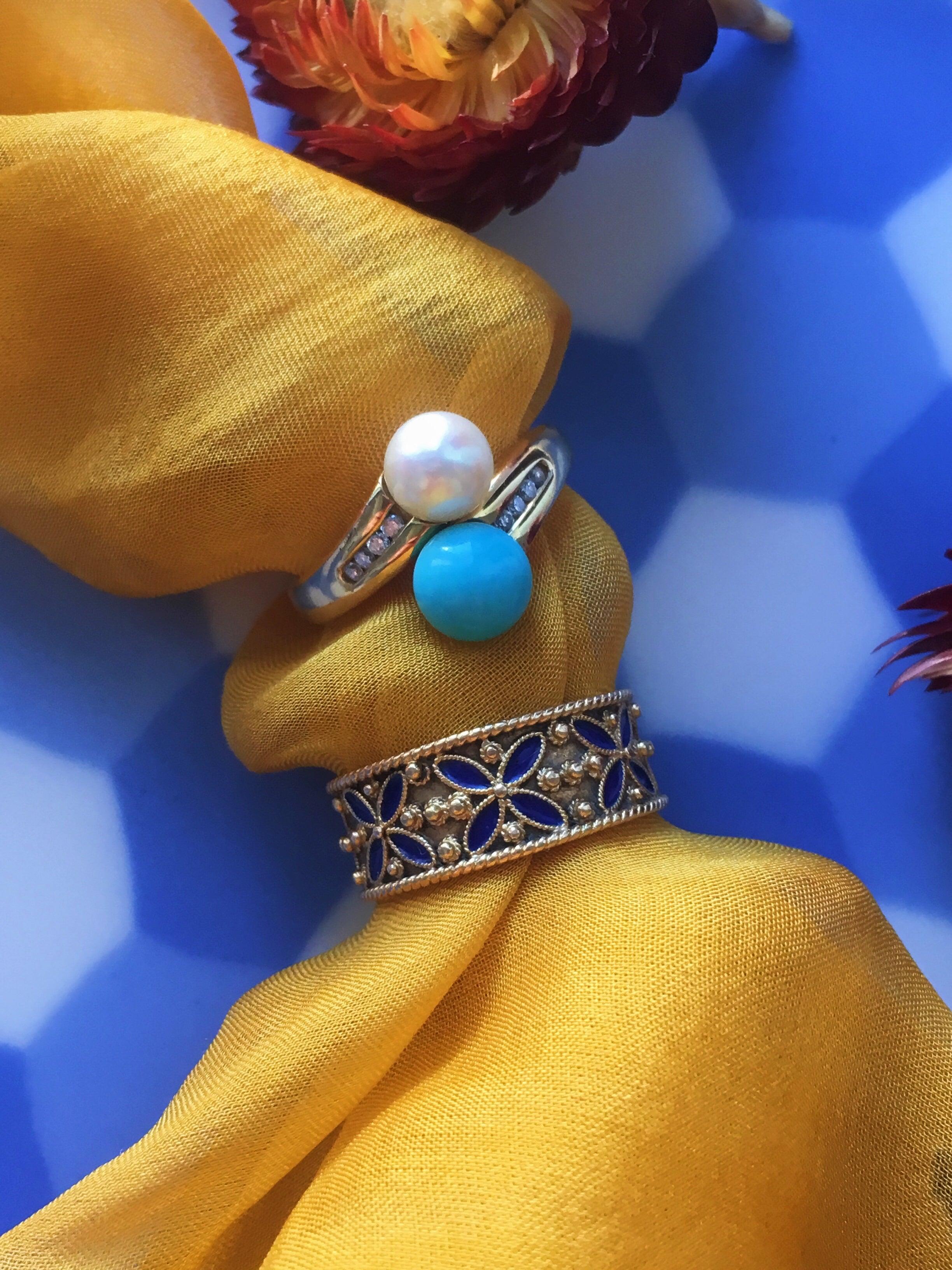 Pearl & turquoise diamond Toi et Moi 18k gold ring - Curiously timeless