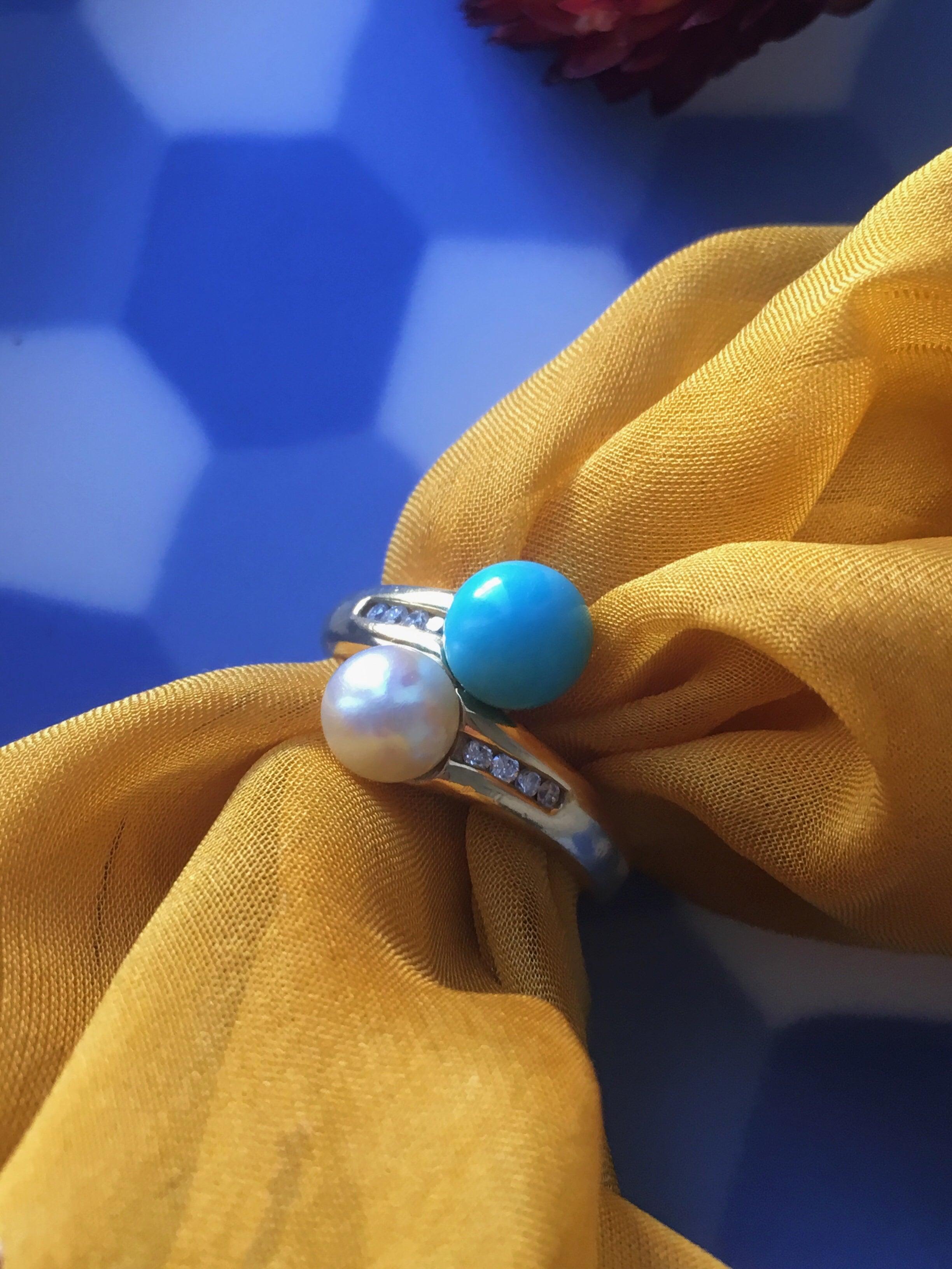 Pearl & turquoise diamond Toi et Moi 18k gold ring - Curiously timeless