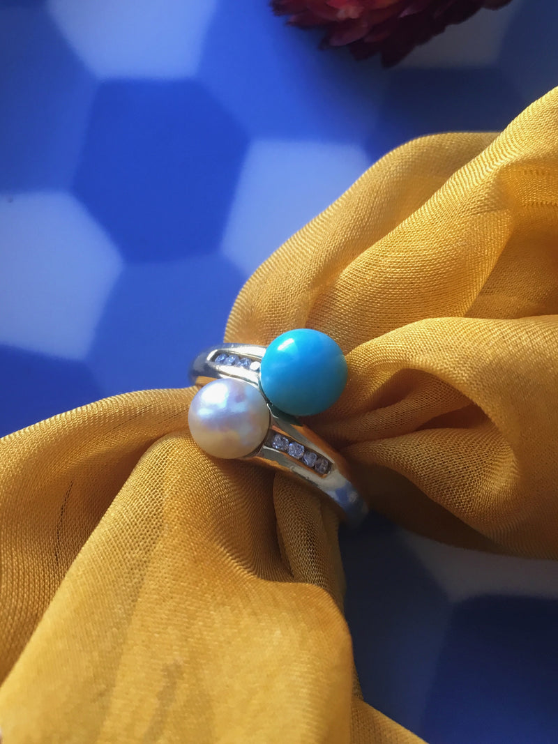 Pearl & turquoise diamond Toi et Moi 18k gold ring