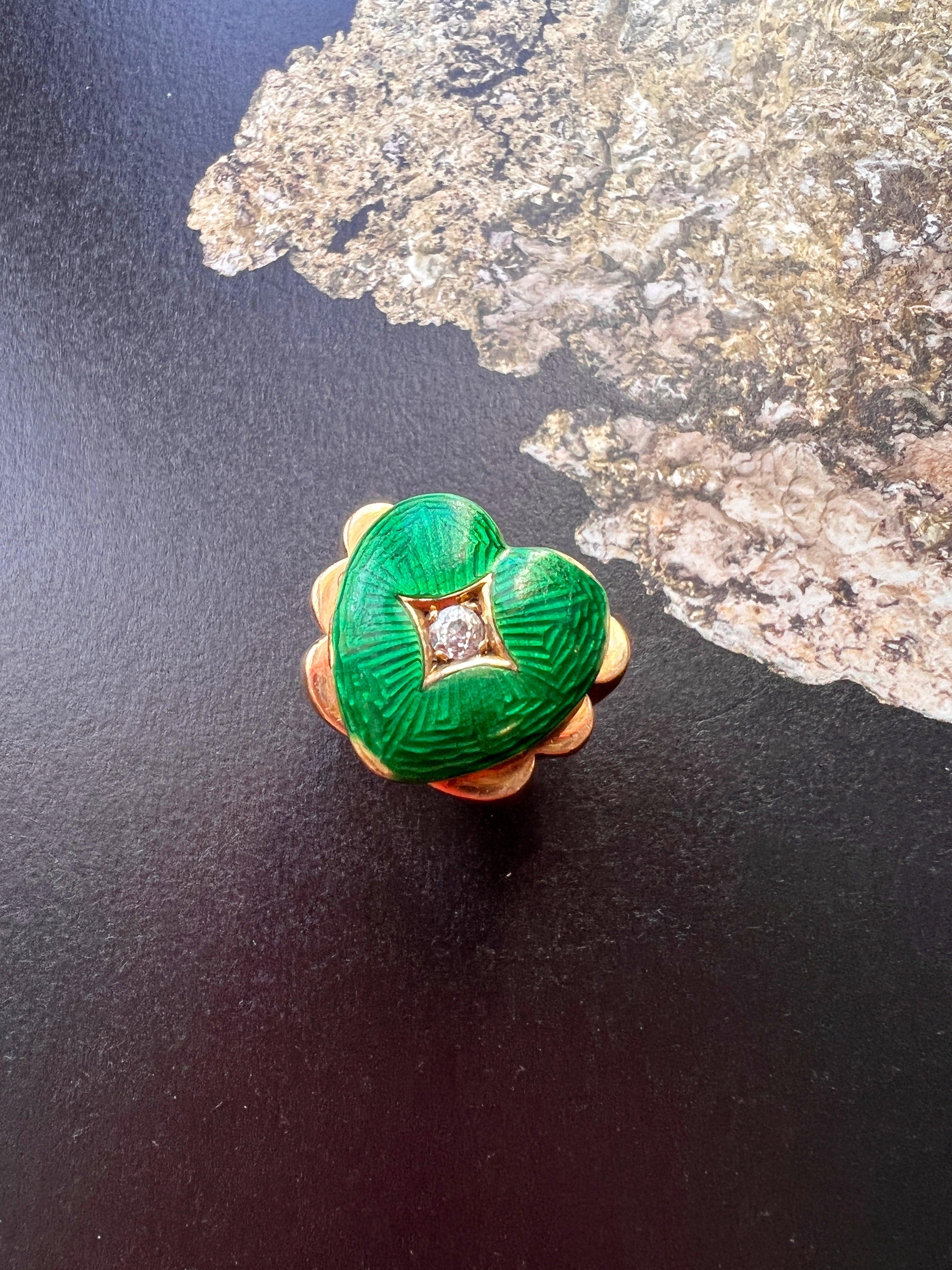 Lovely French Vintage 1950s 18K gold Green Guilloche Enamel Diamond heart tank ring - Curiously timeless