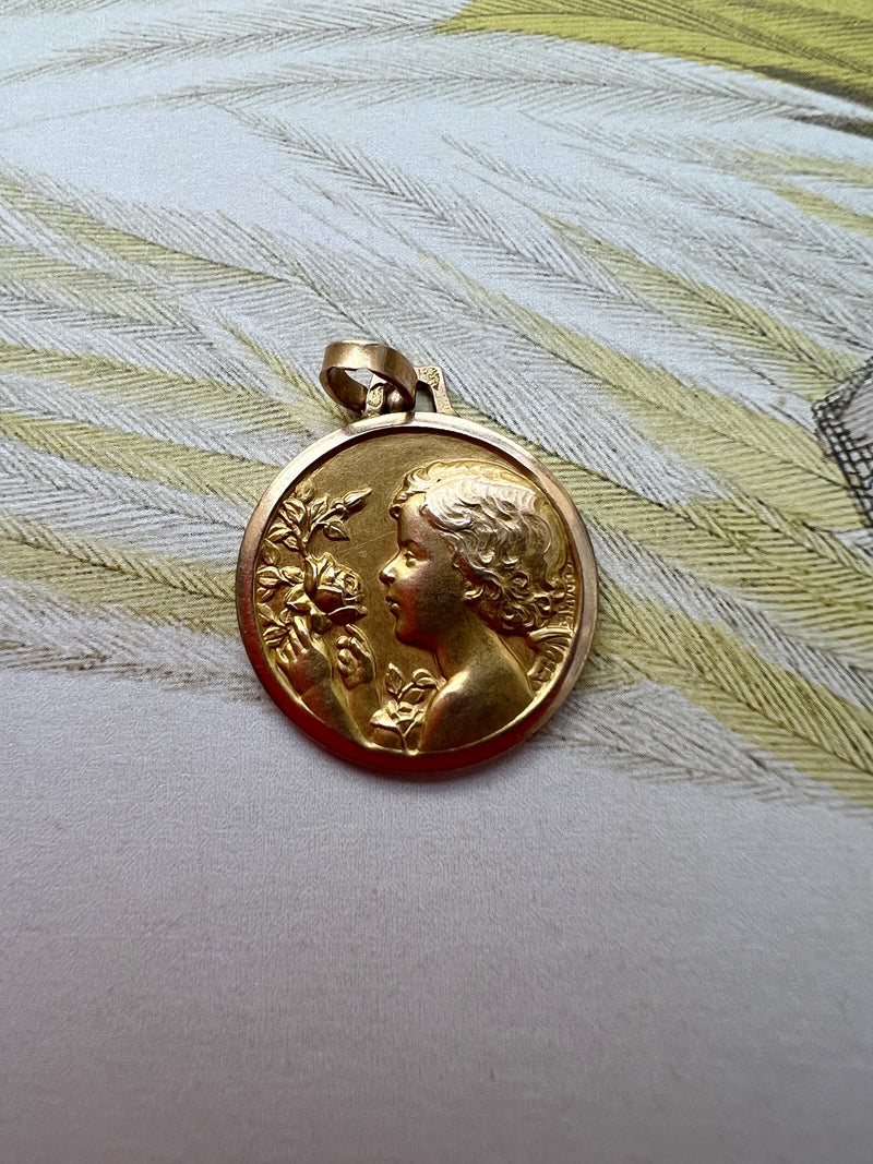 French 18K gold medal of angel and roses