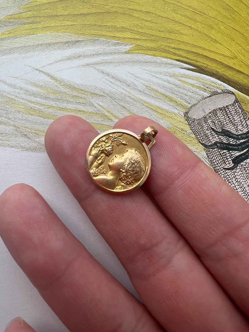 French 18K gold medal of angel and roses