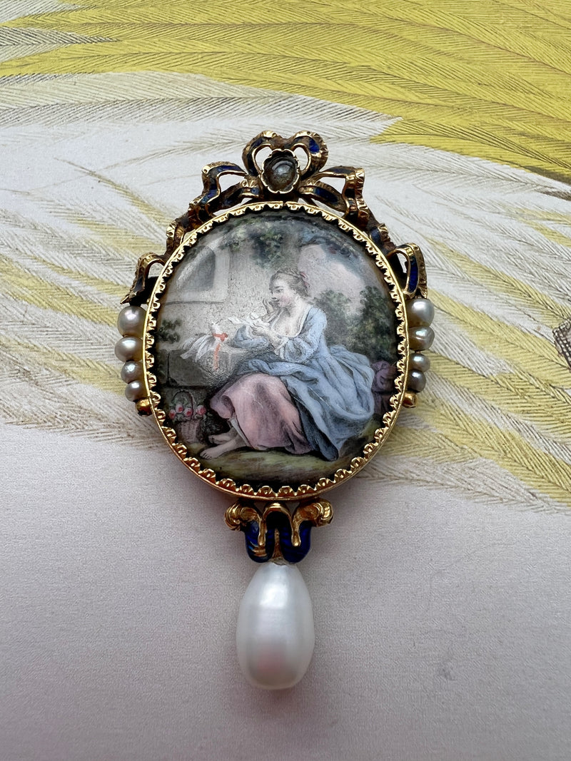 French antique 18K gold pearl miniature portrait brooch