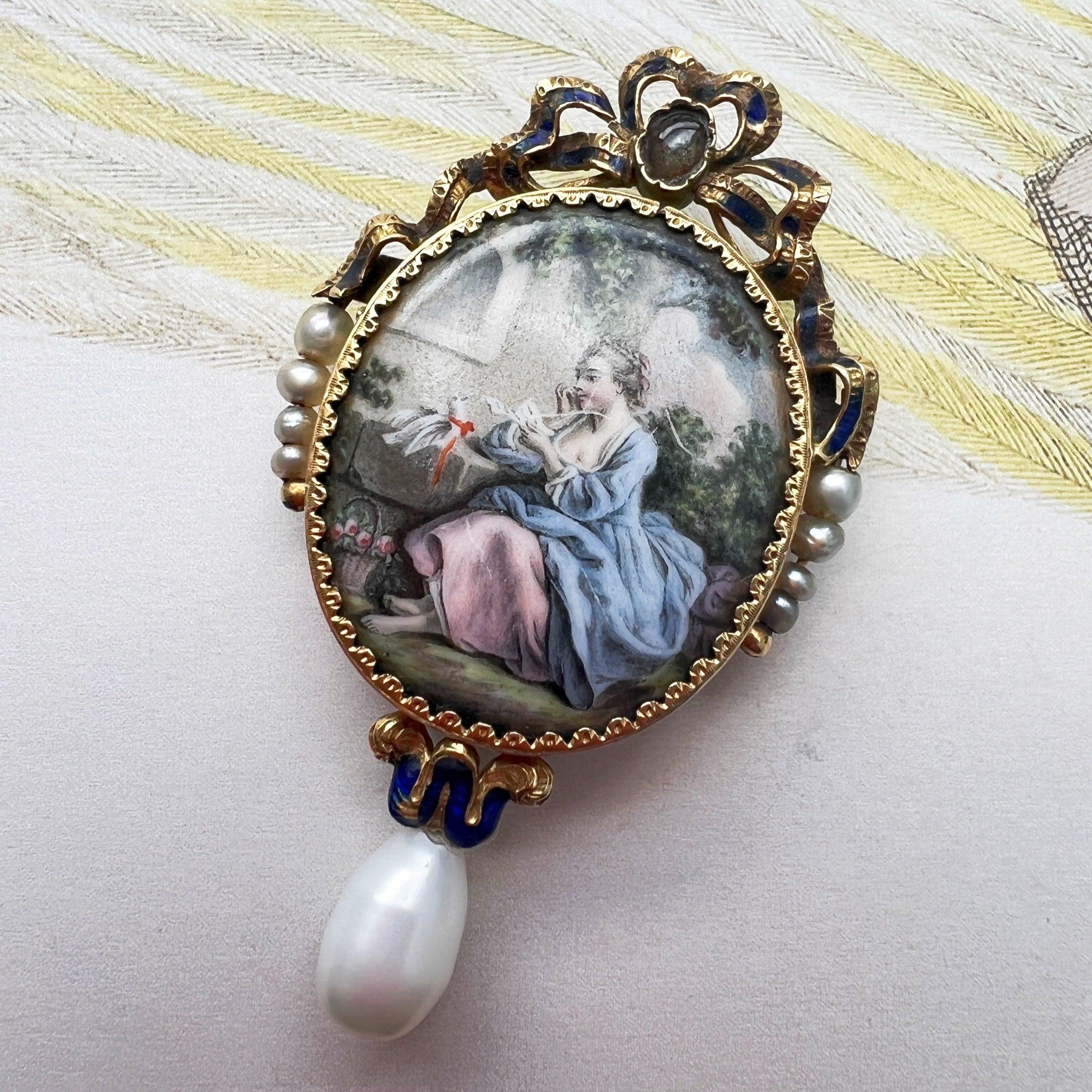 French antique 18K gold pearl miniature portrait brooch - Curiously timeless