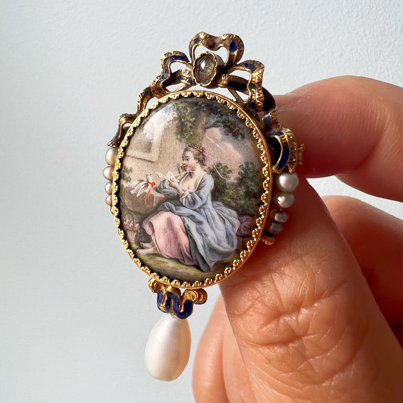 French antique 18K gold pearl miniature portrait brooch