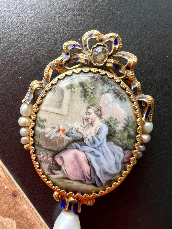 French antique 18K gold pearl miniature portrait brooch