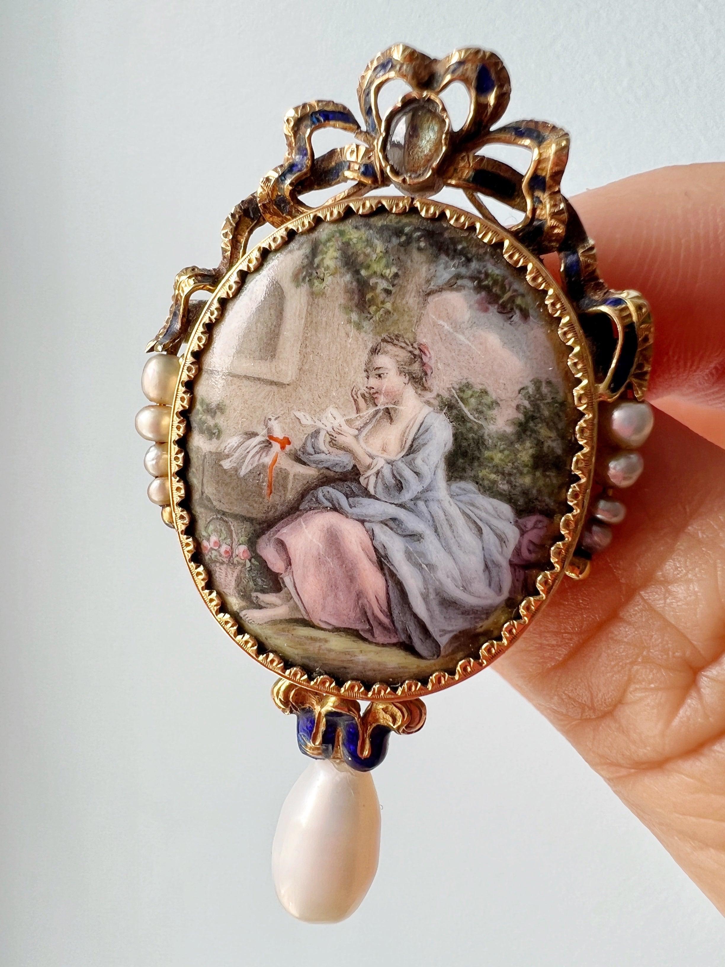 French antique 18K gold pearl miniature portrait brooch - Curiously timeless