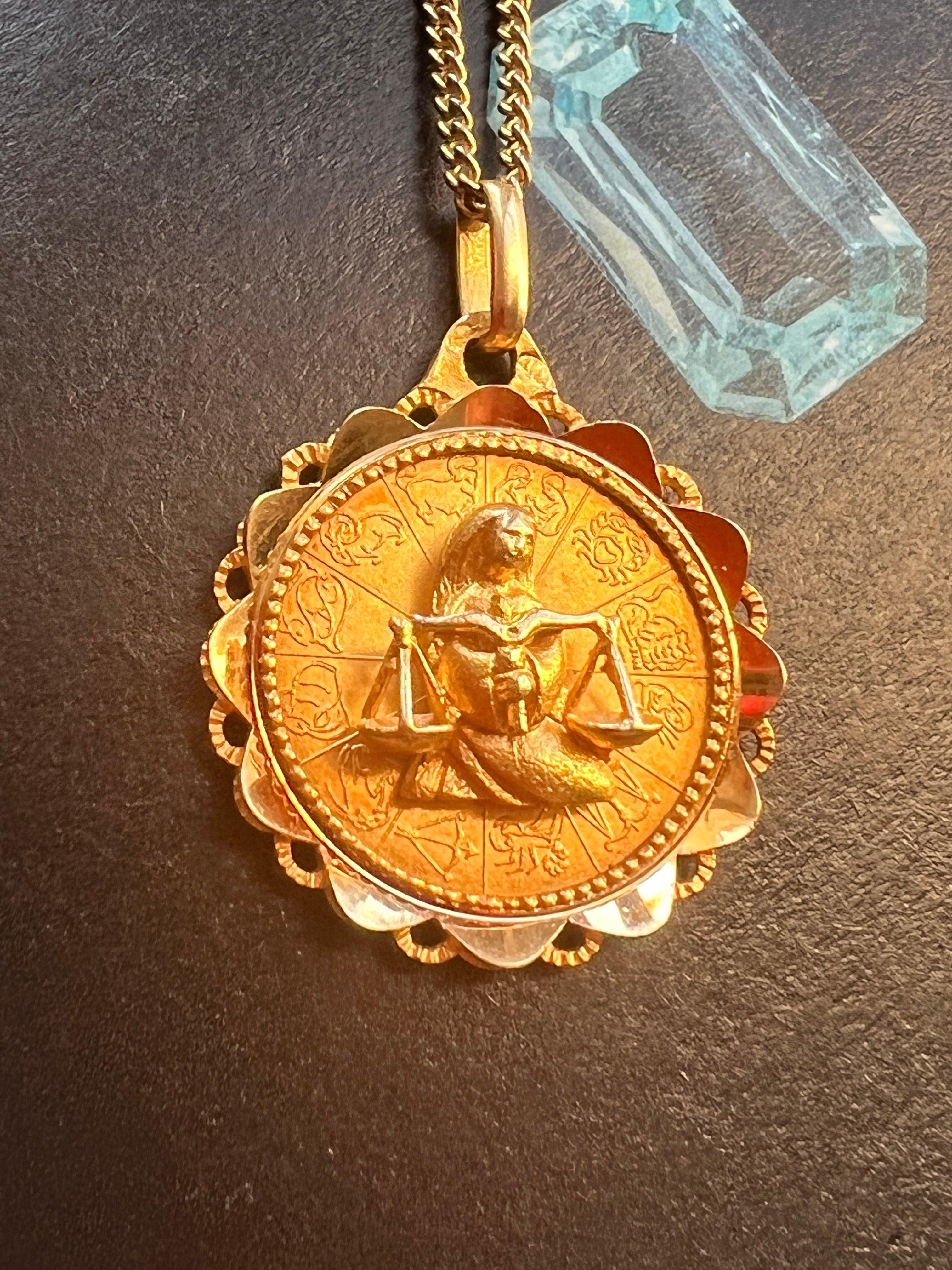 Stunning French vintage 18k gold Augis signed Zodiac Libra sign medal - Curiously timeless