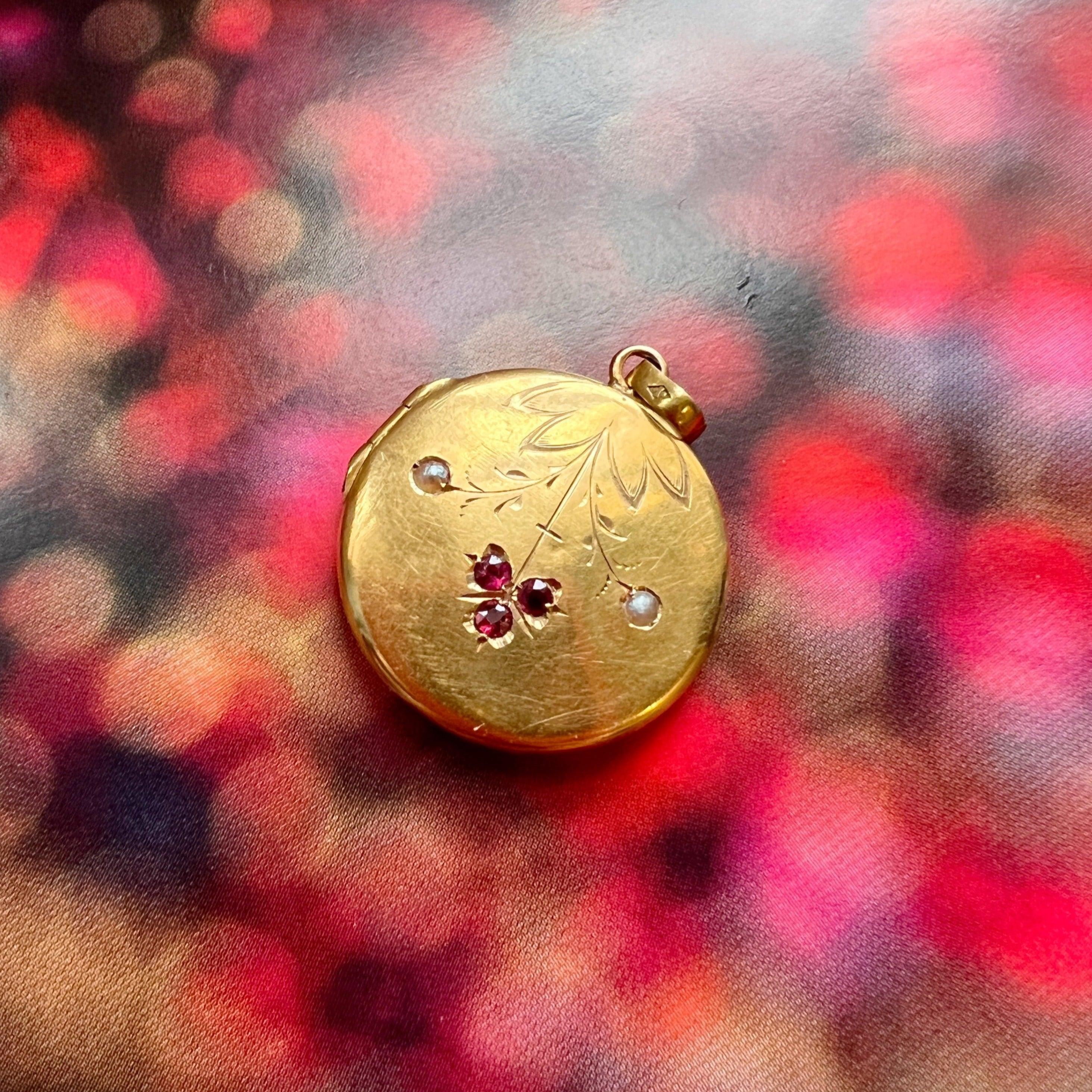 Lovely French Antique Art Nouveau 18k gold cherry locket pendant - Curiously timeless