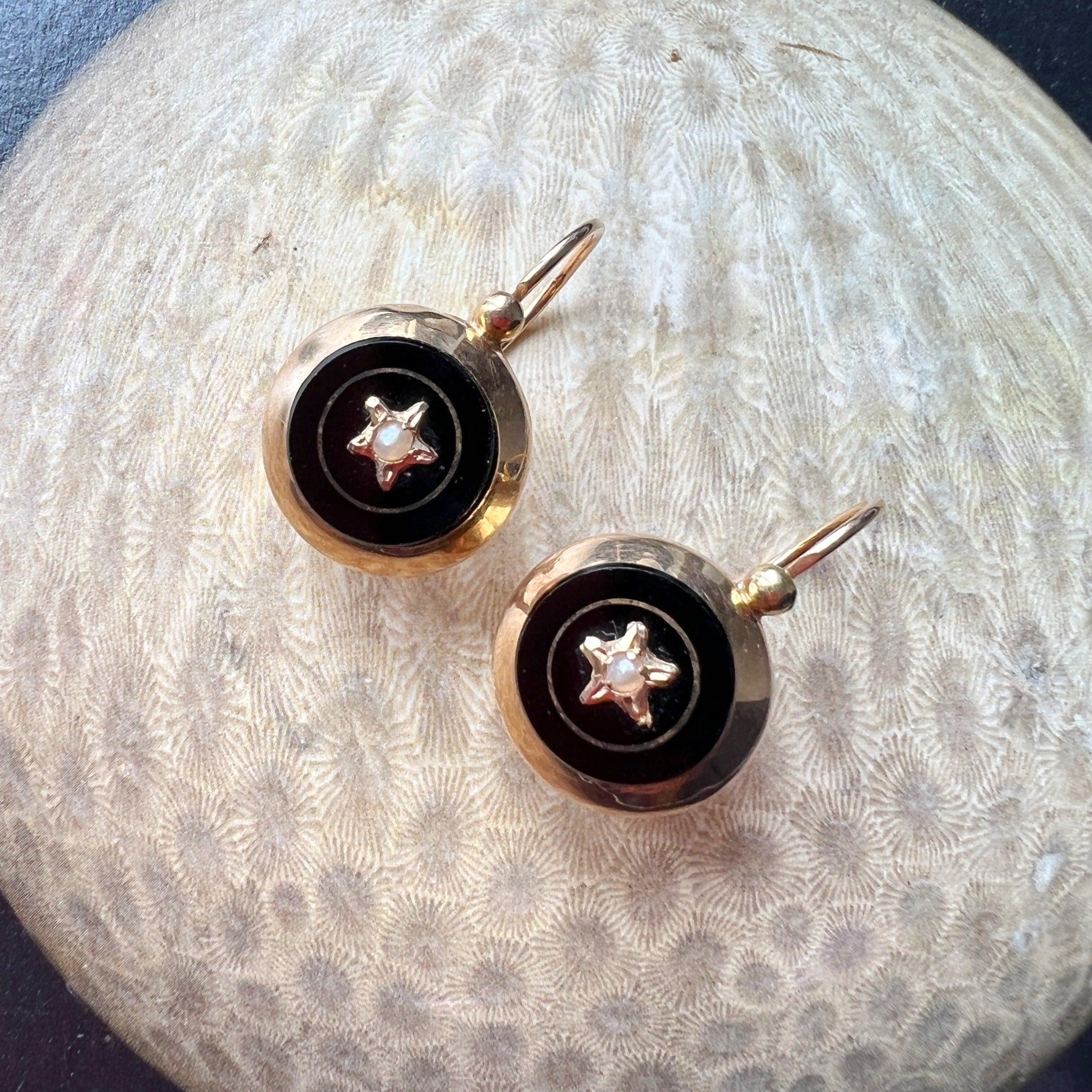 French antique 18k gold Onyx seed pearl star sleeper earrings - Curiously timeless