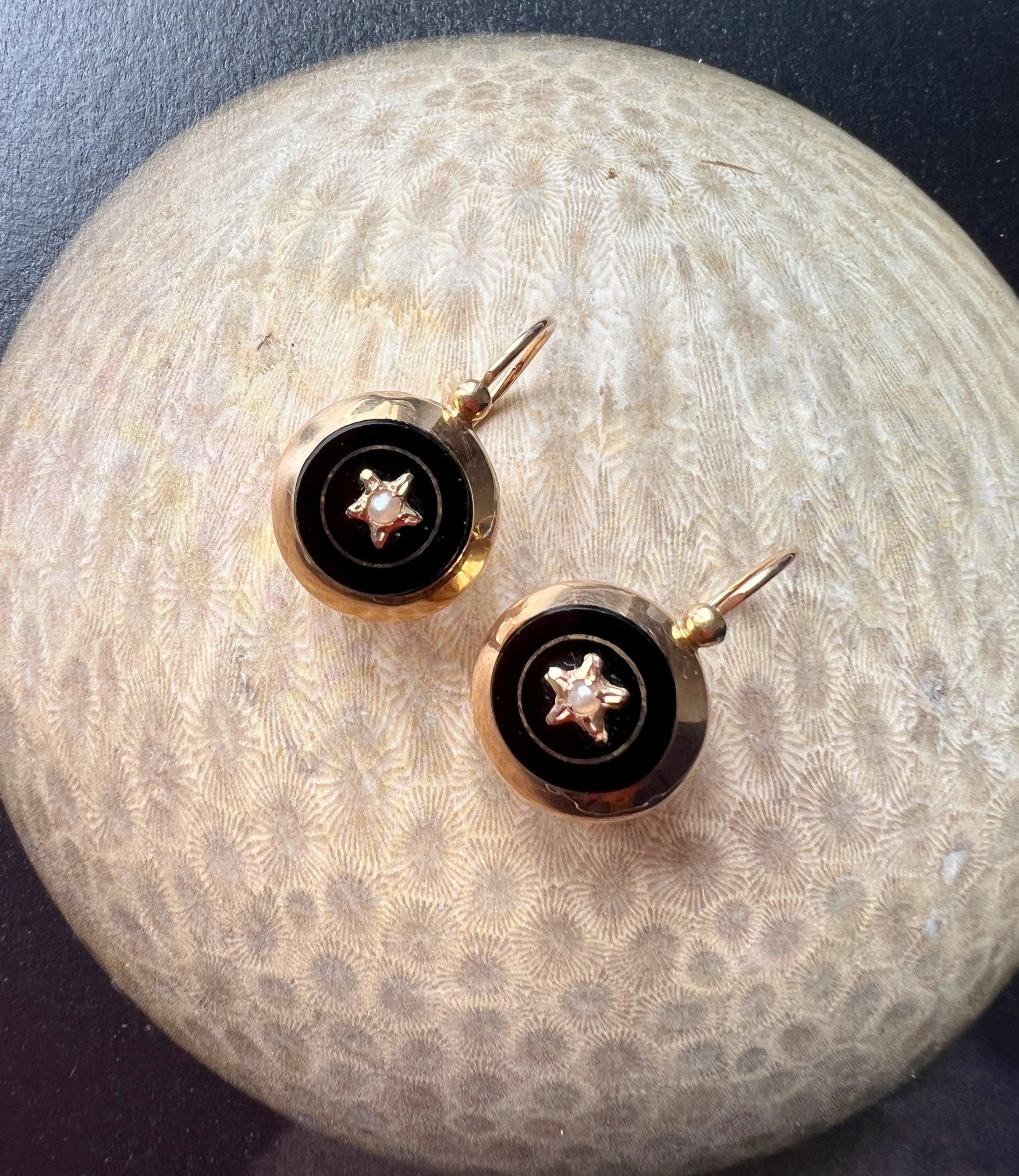 French antique 18k gold Onyx seed pearl star sleeper earrings - Curiously timeless