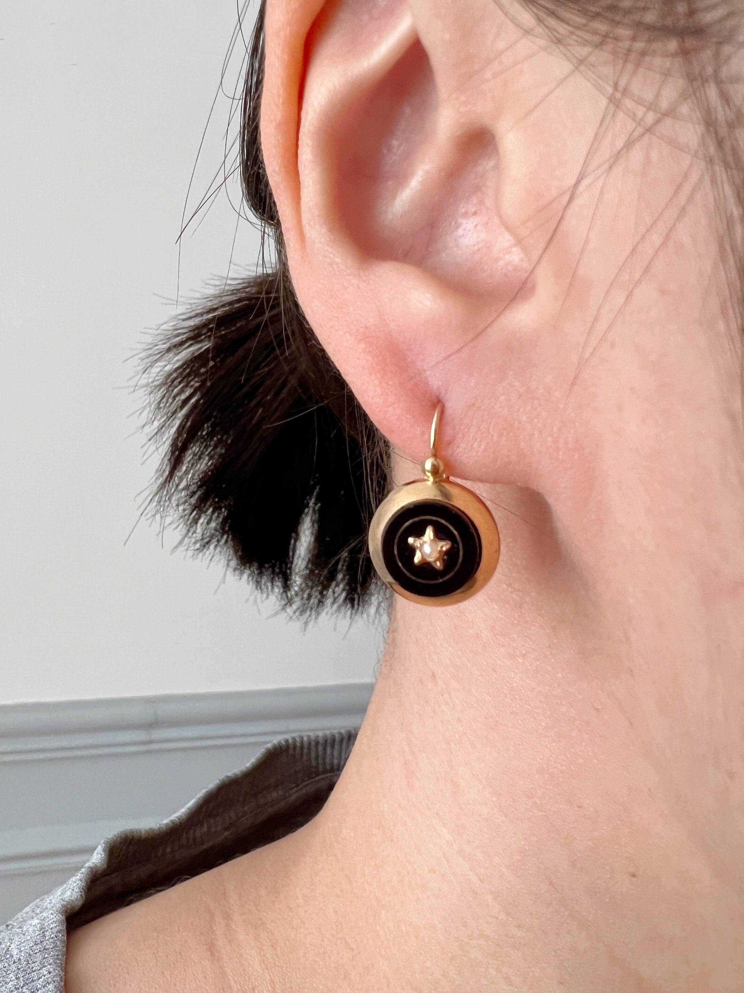 French antique 18k gold Onyx seed pearl star sleeper earrings - Curiously timeless