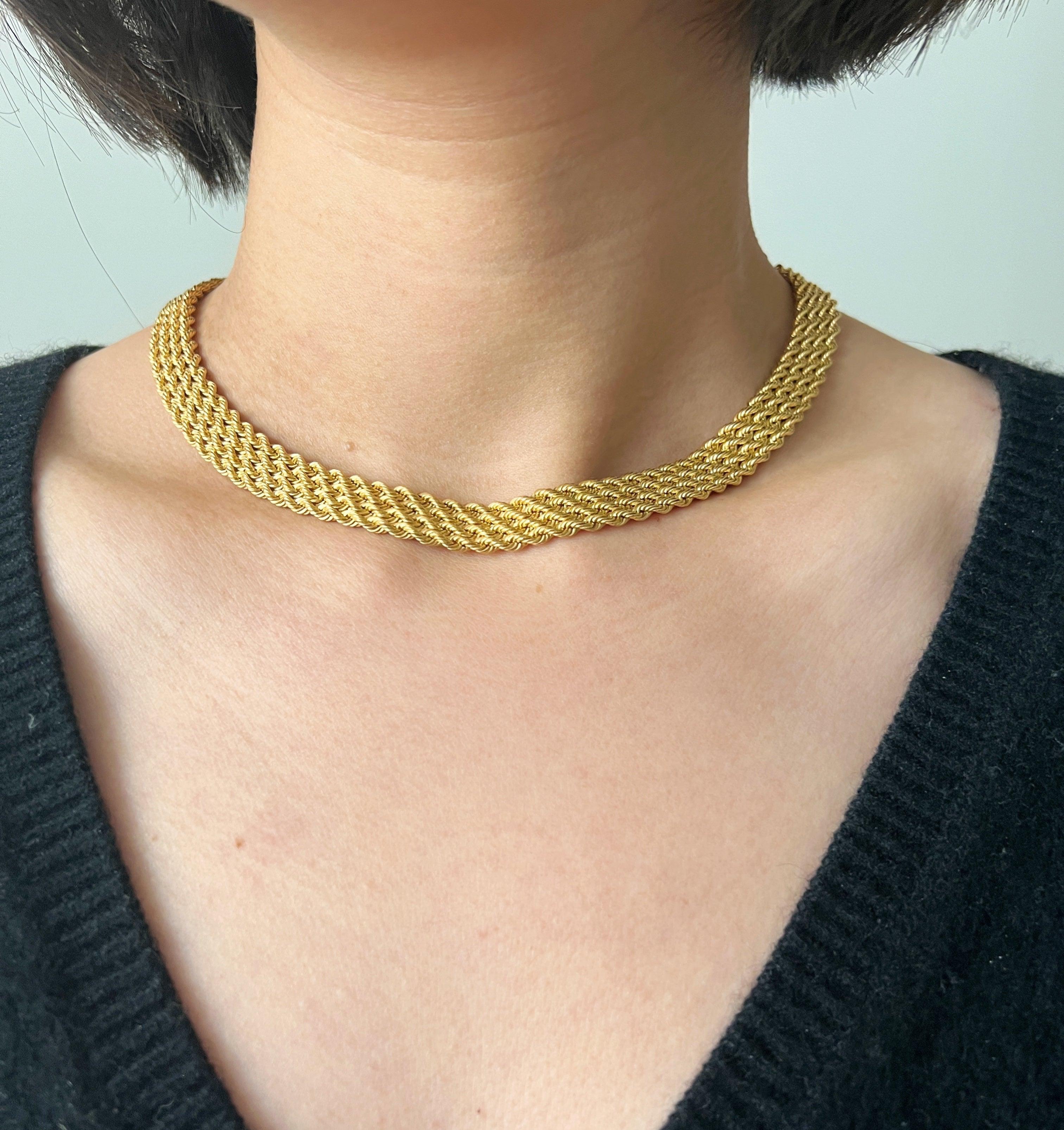 Magnificent French 1950s retro 18K gold twisted link woven ribbon necklace - Curiously timeless