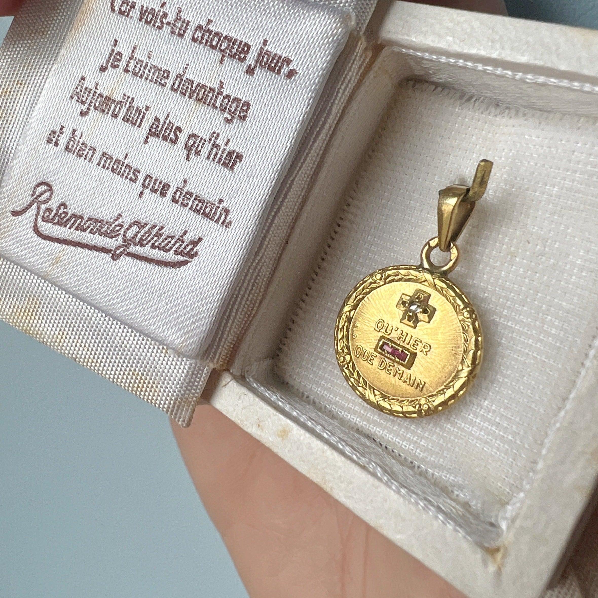 Boxed French Vintage Augis “more than yesterday less than tomorrow” 18K gold medal - Curiously timeless