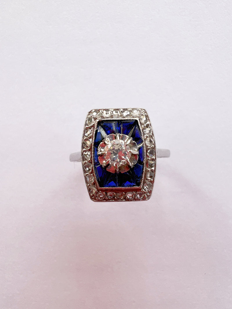 Art Deco 18K gold diamond blue sapphire ring