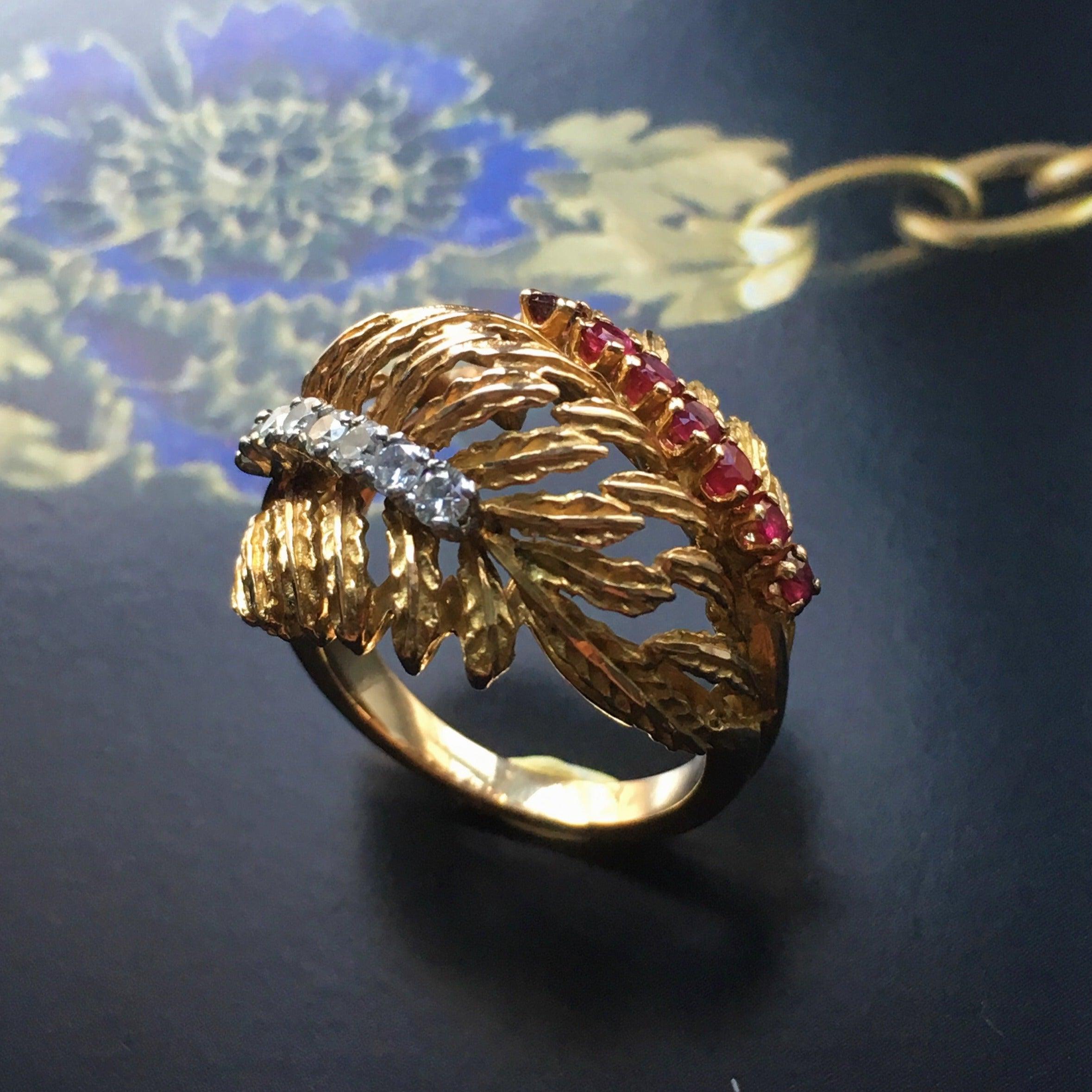 Vintage 18K gold diamond ruby retro cocktail statement ring - Curiously timeless