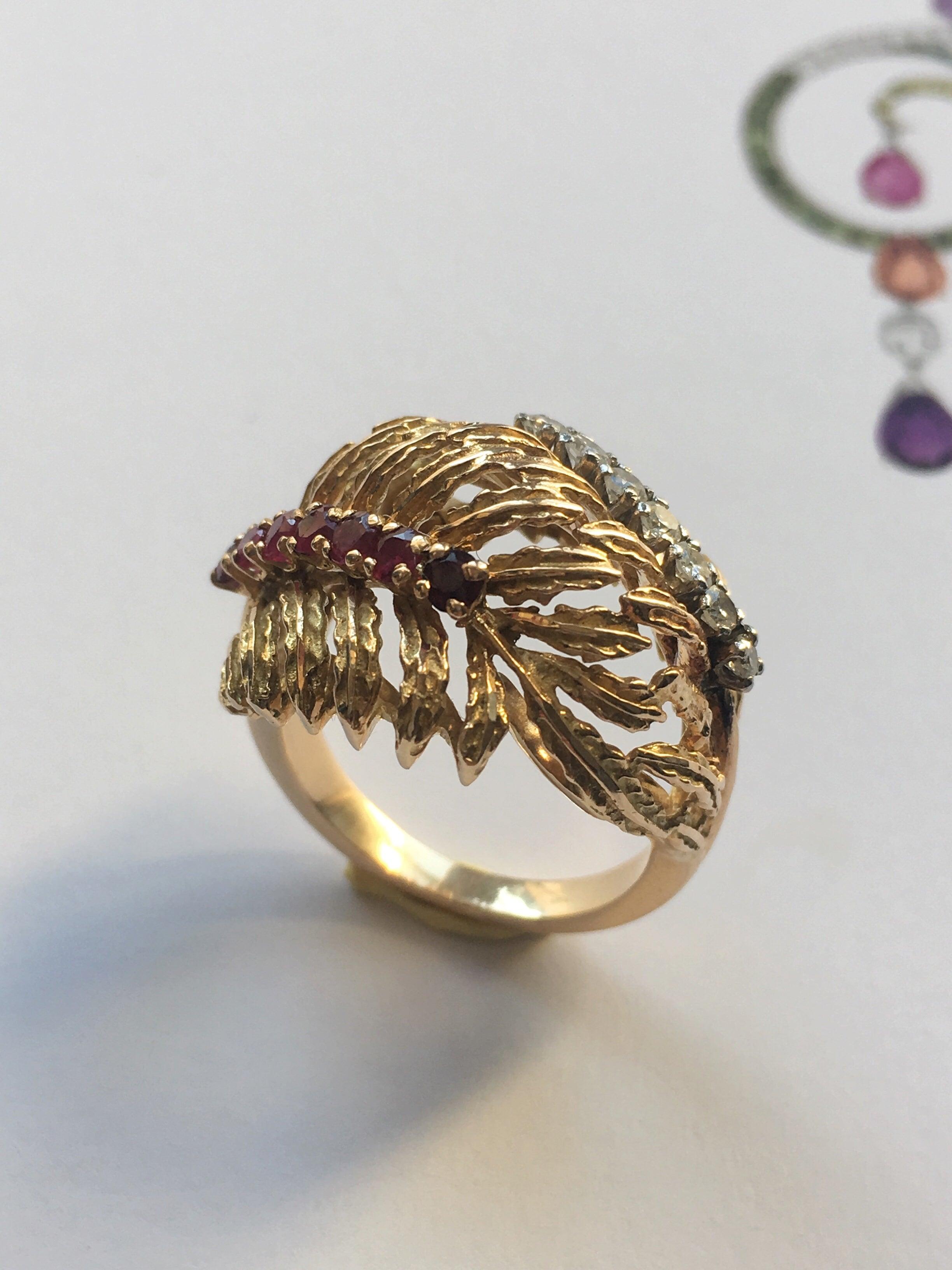 Vintage 18K gold diamond ruby retro cocktail statement ring - Curiously timeless