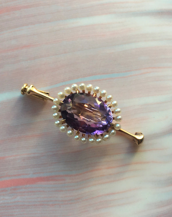 Lovely French antique amethyst pearl 14k gold brooch