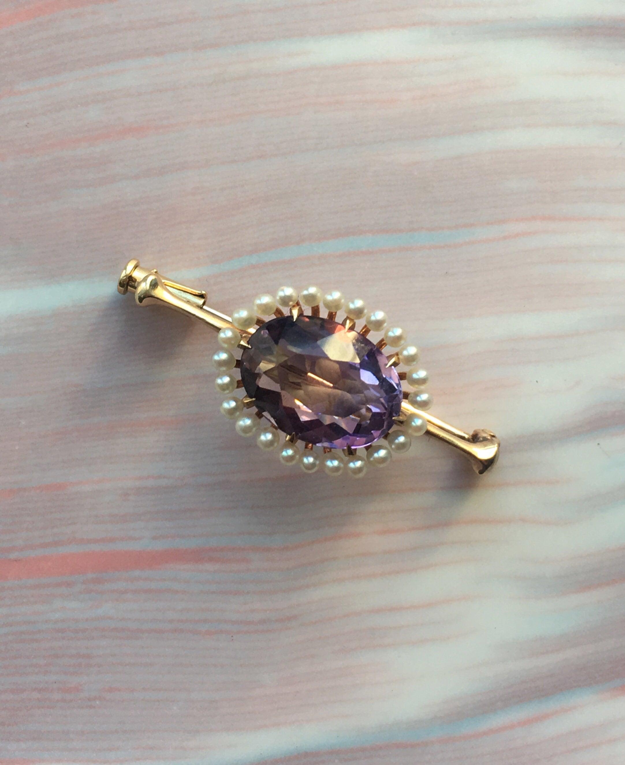 Lovely French antique amethyst pearl 14k gold brooch - Curiously timeless