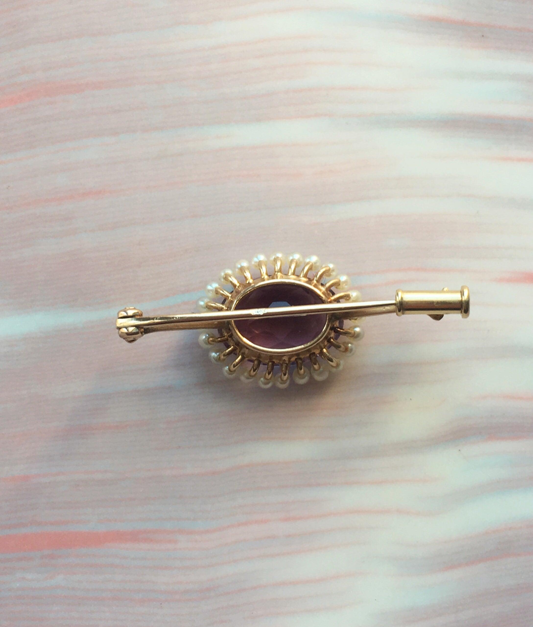 Lovely French antique amethyst pearl 14k gold brooch - Curiously timeless