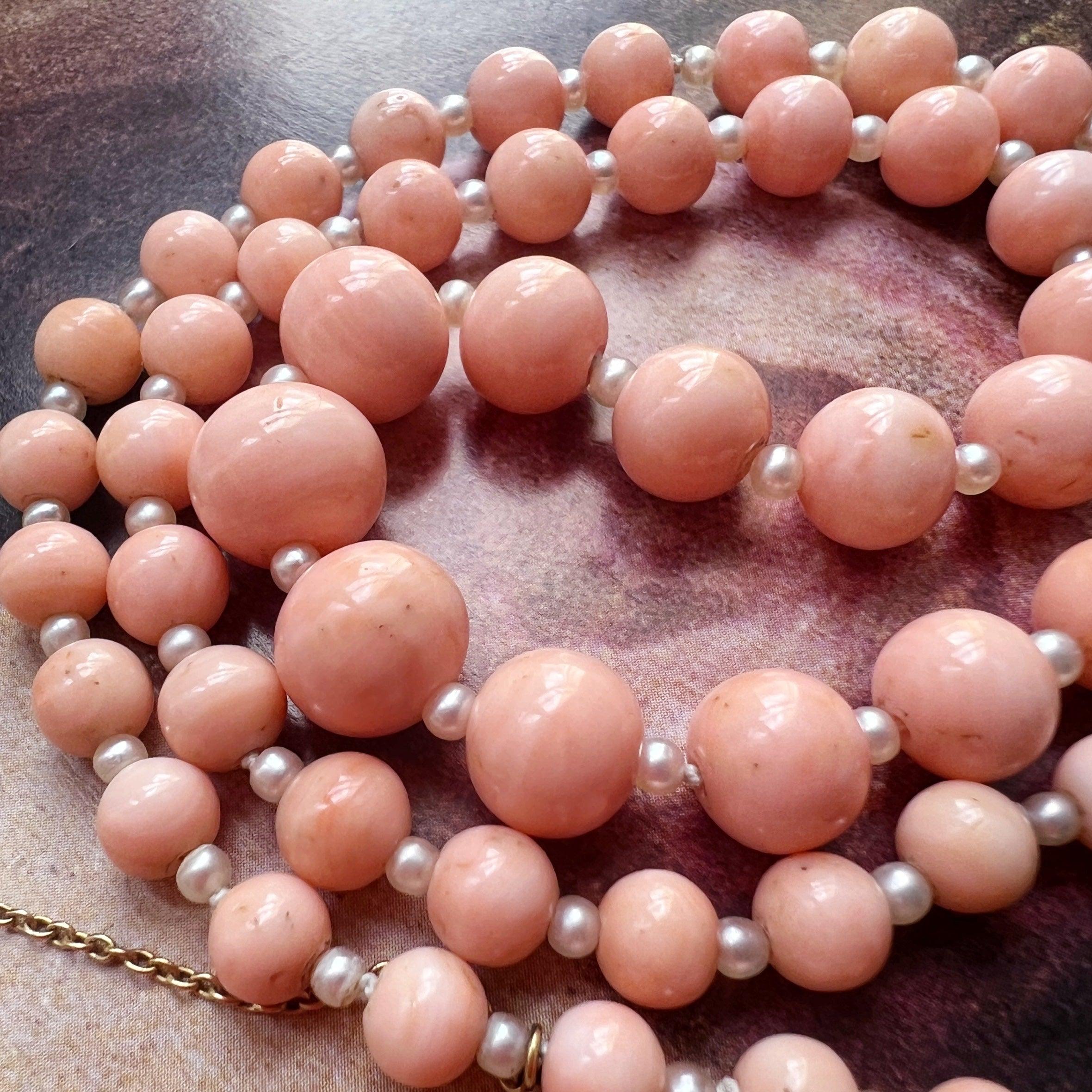 18K gold graduated natural angel skin pink coral pearl necklace - Curiously timeless