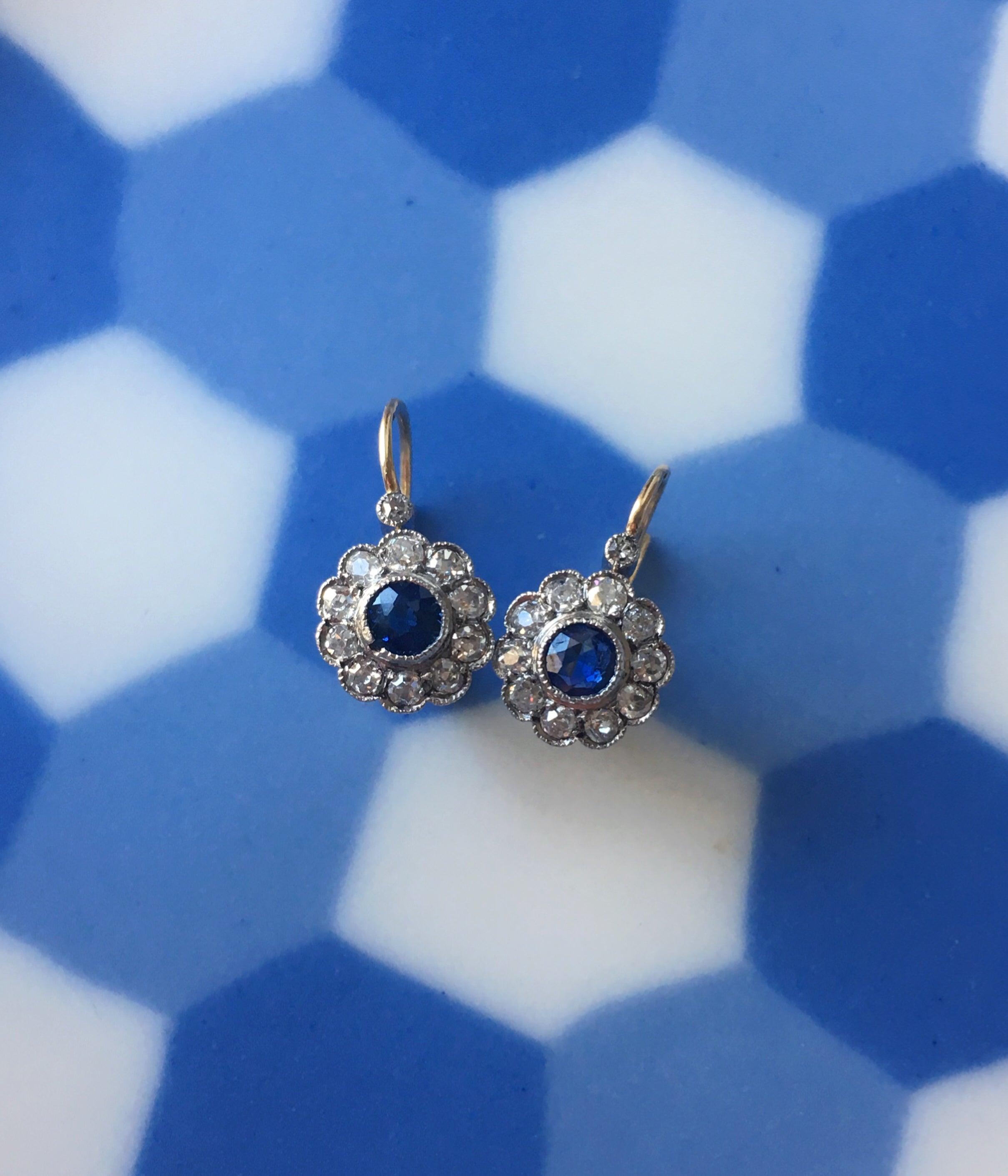 Beautiful French Edwardian 18K gold Sapphire Diamond halo daisy flower sleeper earrings - Curiously timeless