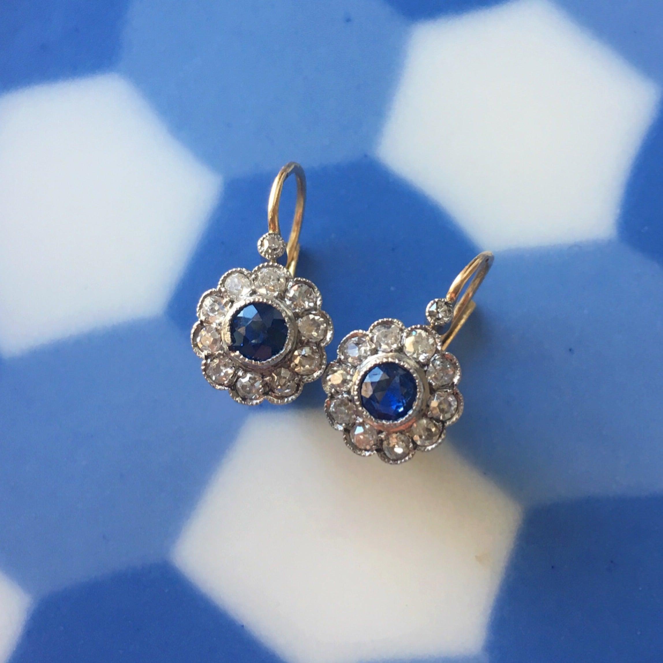 Beautiful French Edwardian 18K gold Sapphire Diamond halo daisy flower sleeper earrings - Curiously timeless