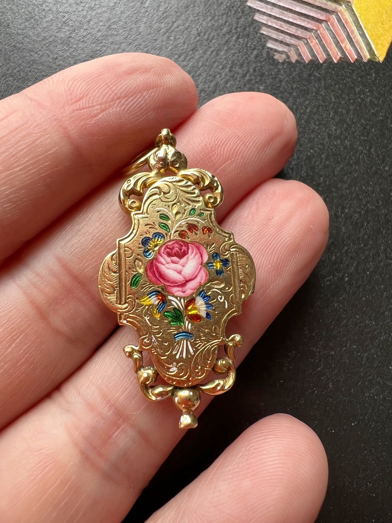 Rare French 18th century 18k gold enameled flower perfume box pendant