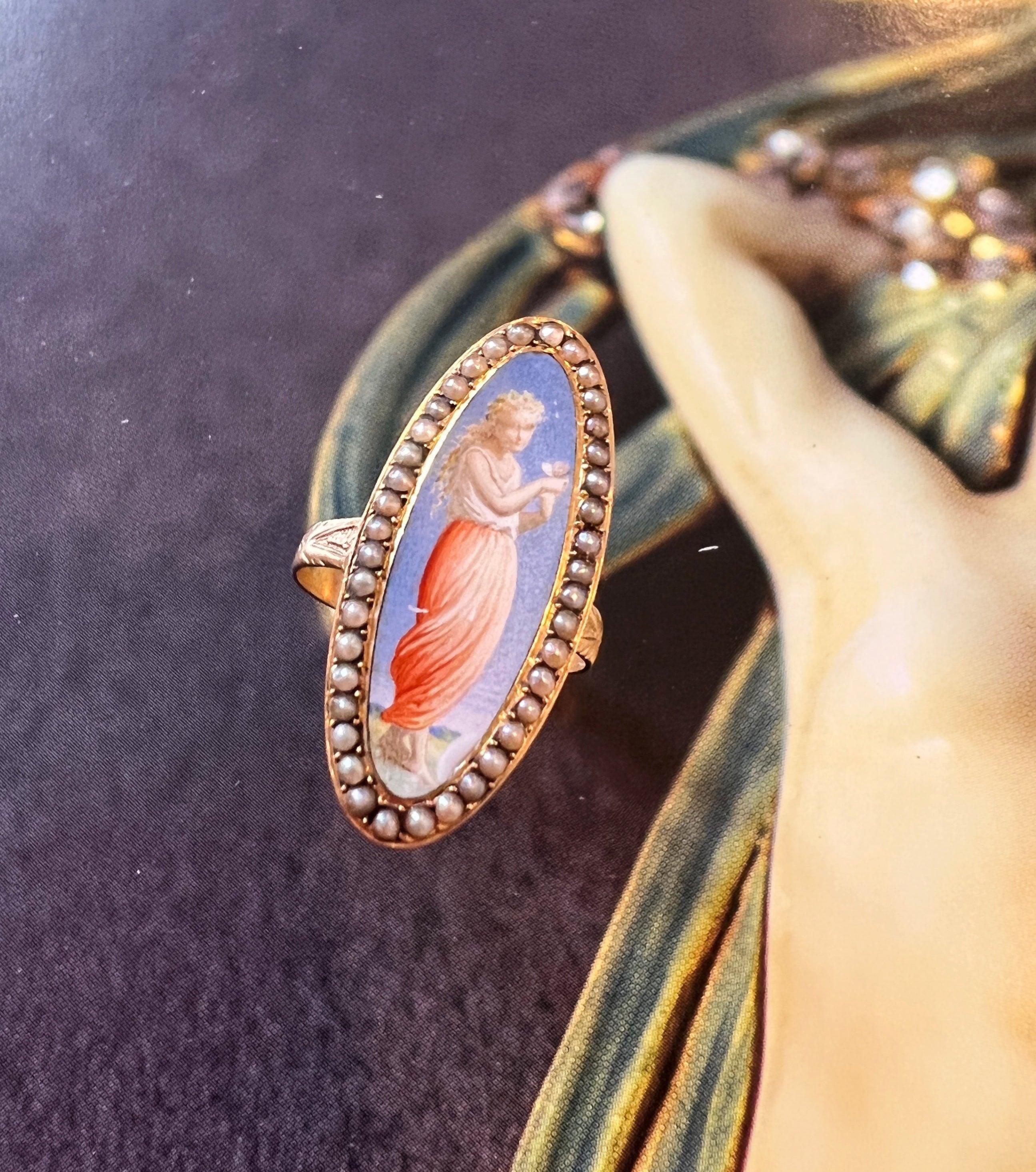 Beautiful French antique 18K gold pearl painting miniature marquise shape ring - Curiously timeless