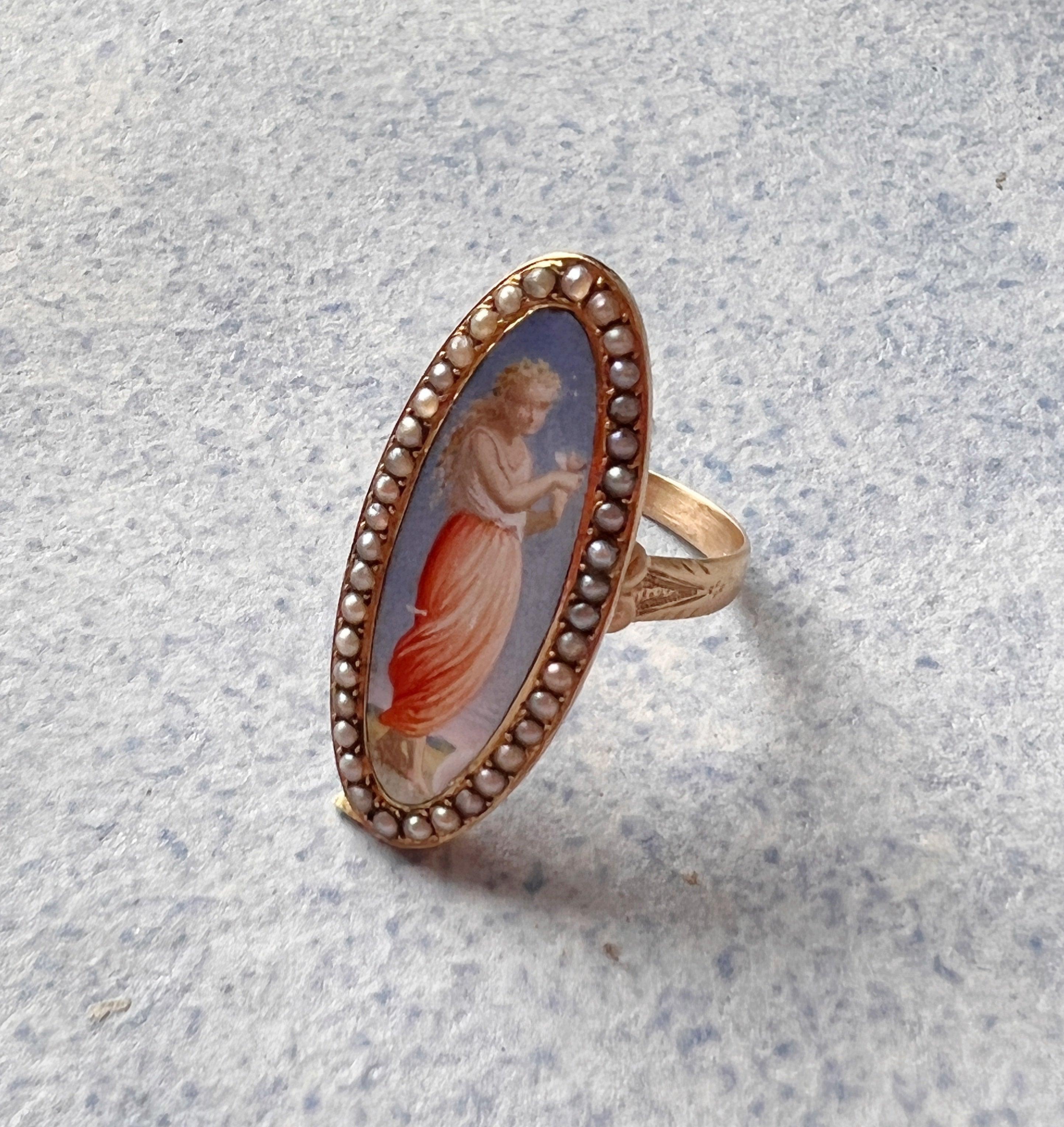 Beautiful French antique 18K gold pearl painting miniature marquise shape ring - Curiously timeless