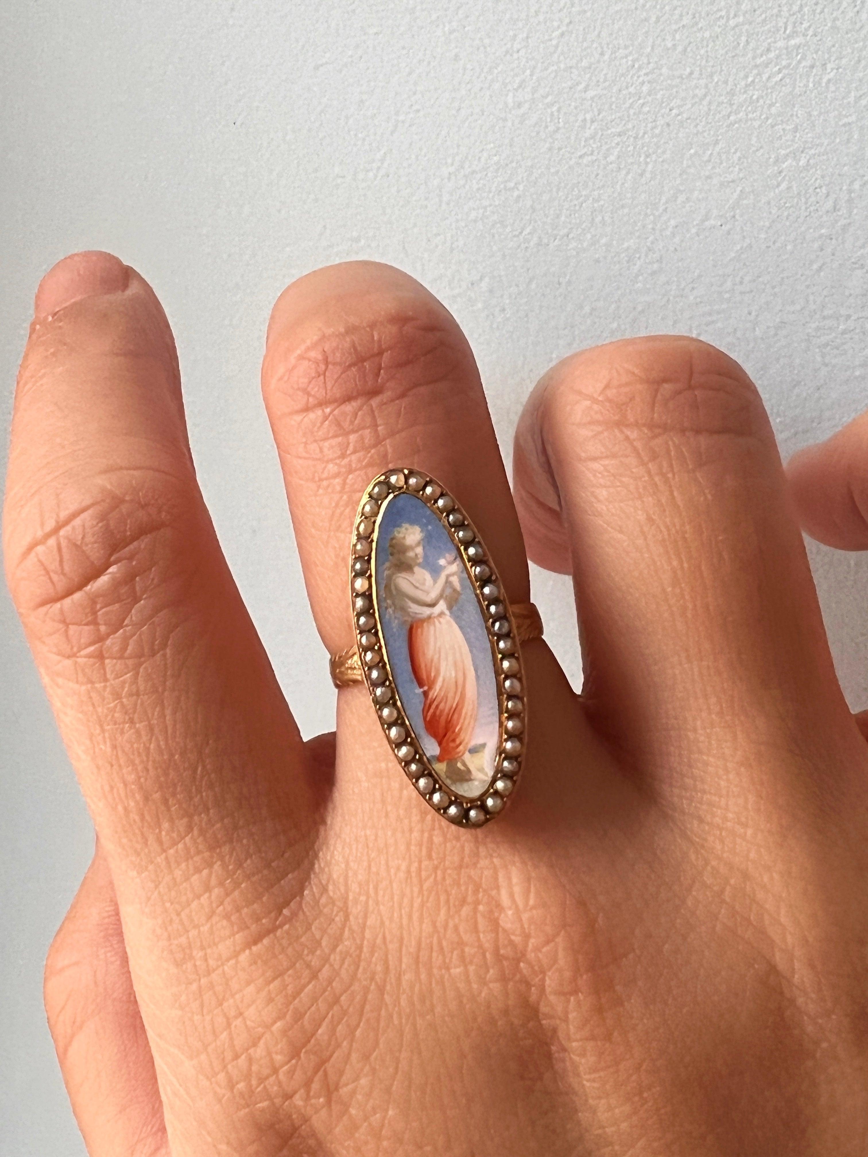 Beautiful French antique 18K gold pearl painting miniature marquise shape ring - Curiously timeless