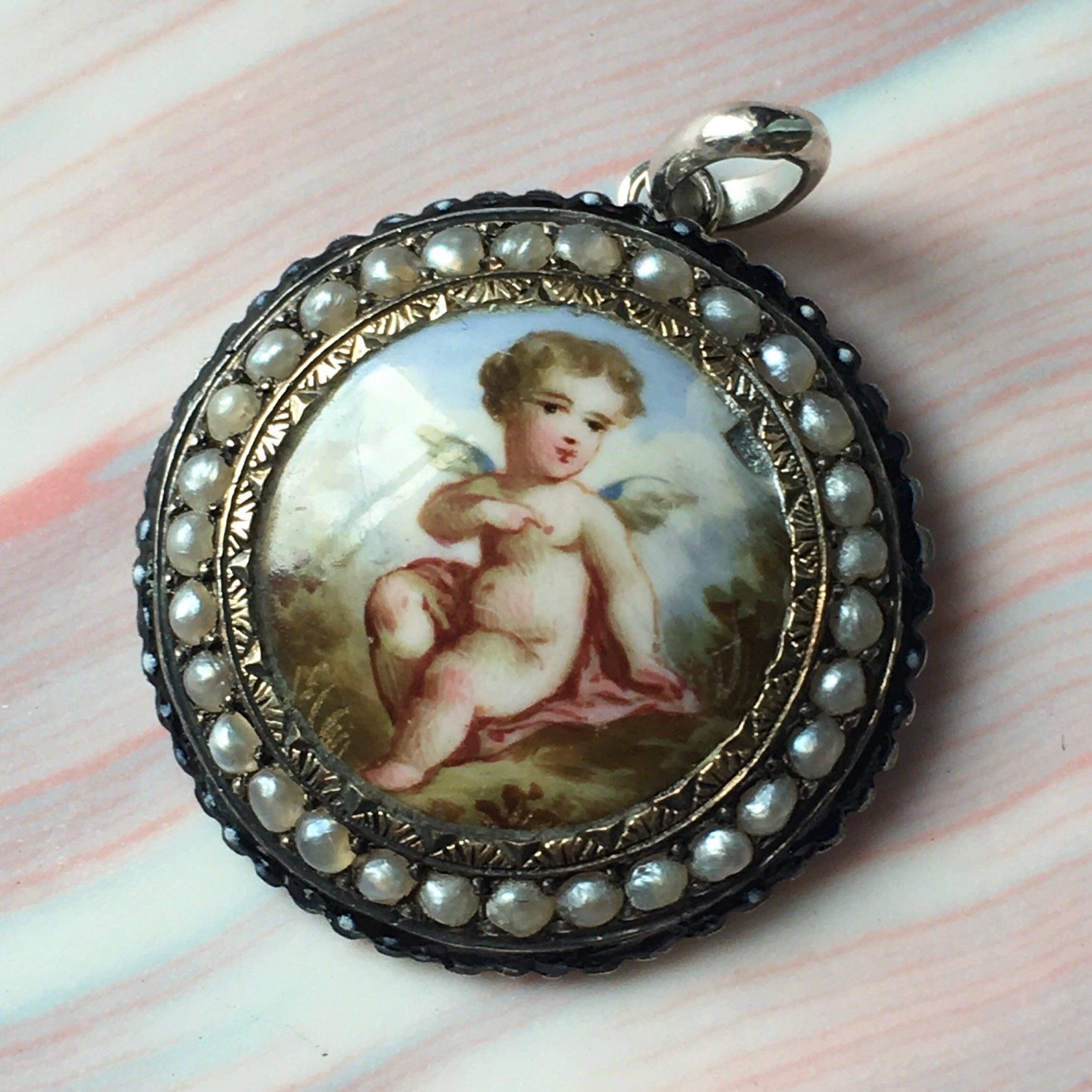 Lovely French antique enameled cherub angel pearl pendant - Curiously timeless