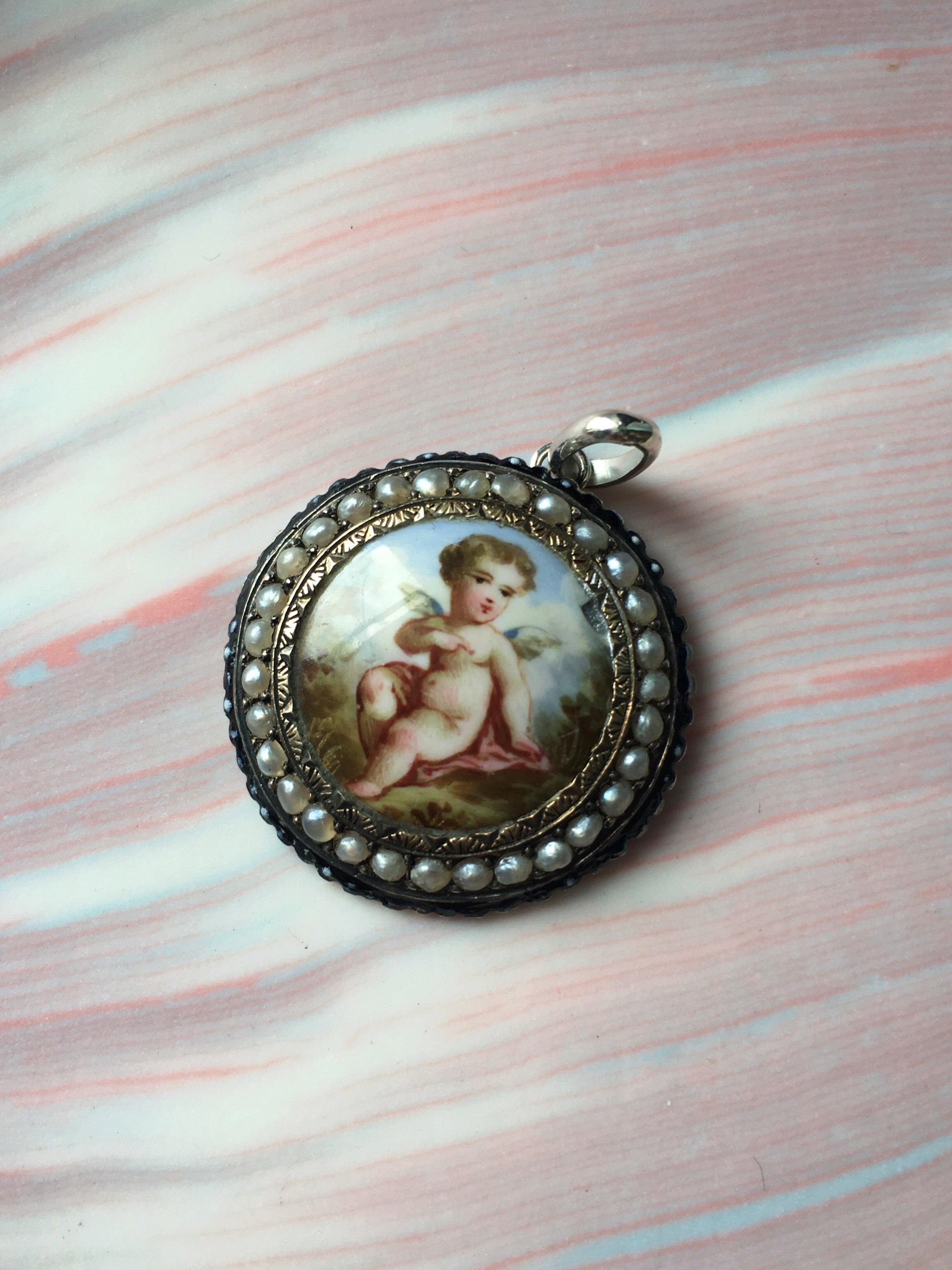 Lovely French antique enameled cherub angel pearl pendant - Curiously timeless