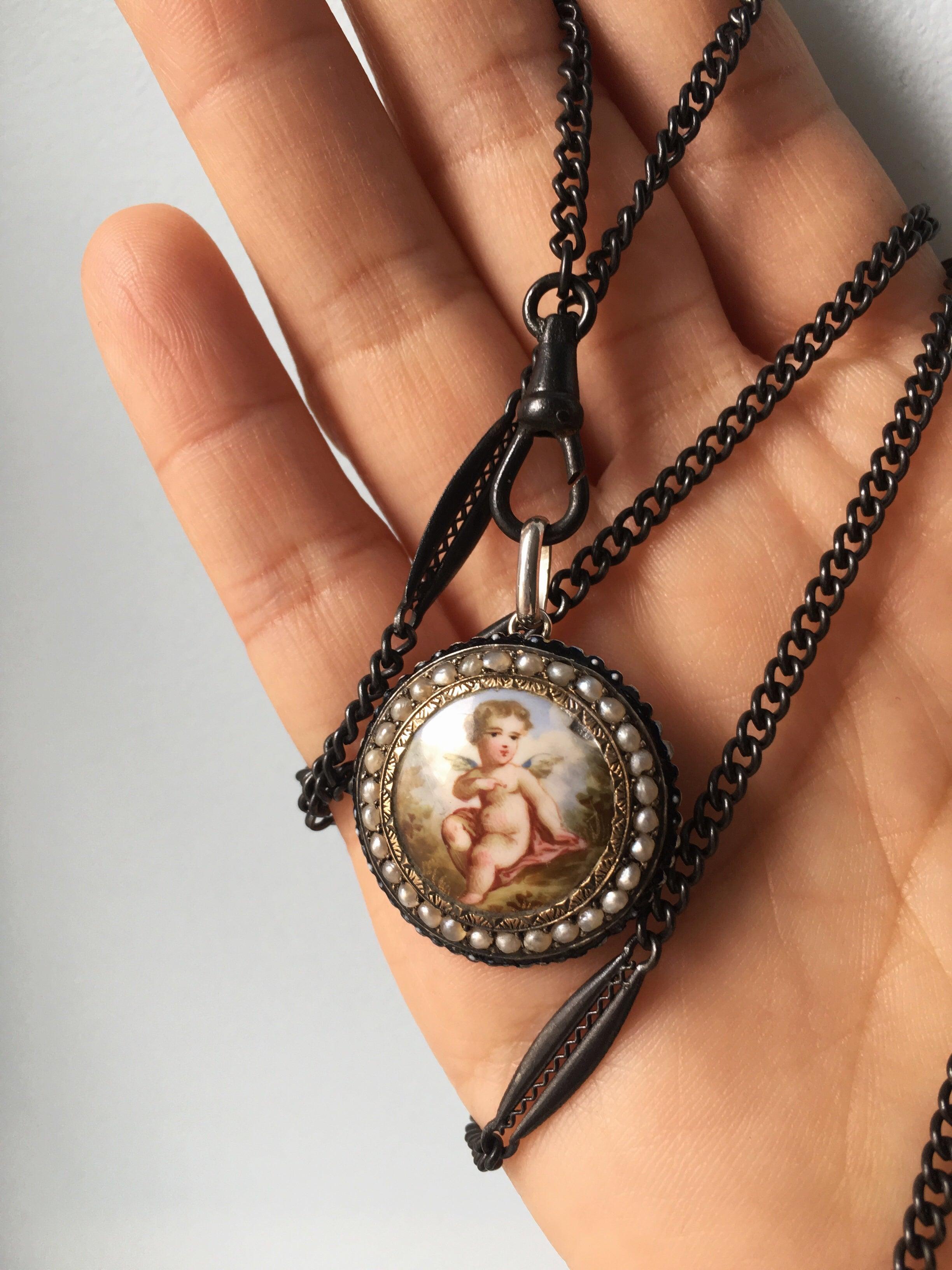 Lovely French antique enameled cherub angel pearl pendant - Curiously timeless