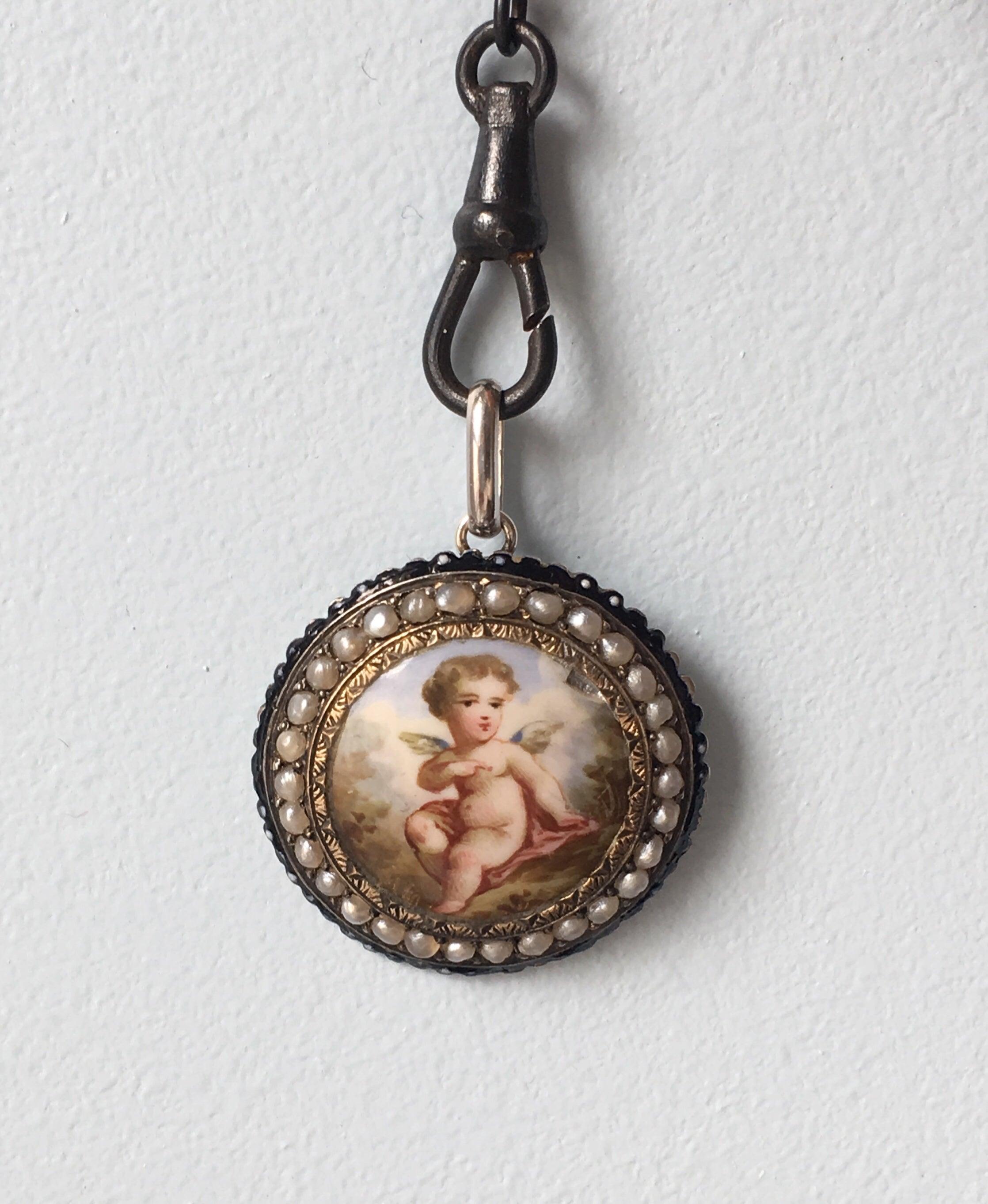 Lovely French antique enameled cherub angel pearl pendant - Curiously timeless