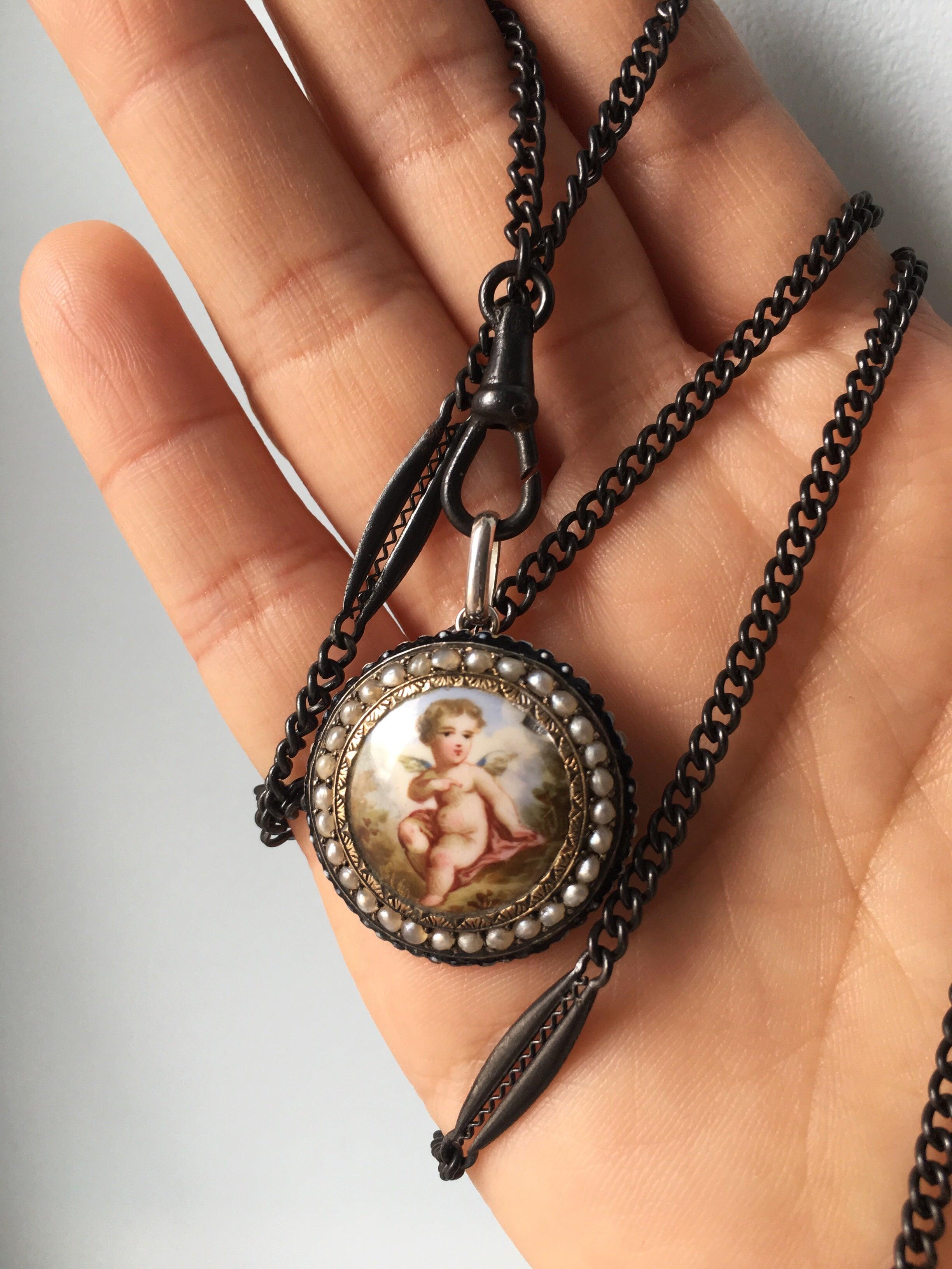 Lovely French antique enameled cherub angel pearl pendant - Curiously timeless