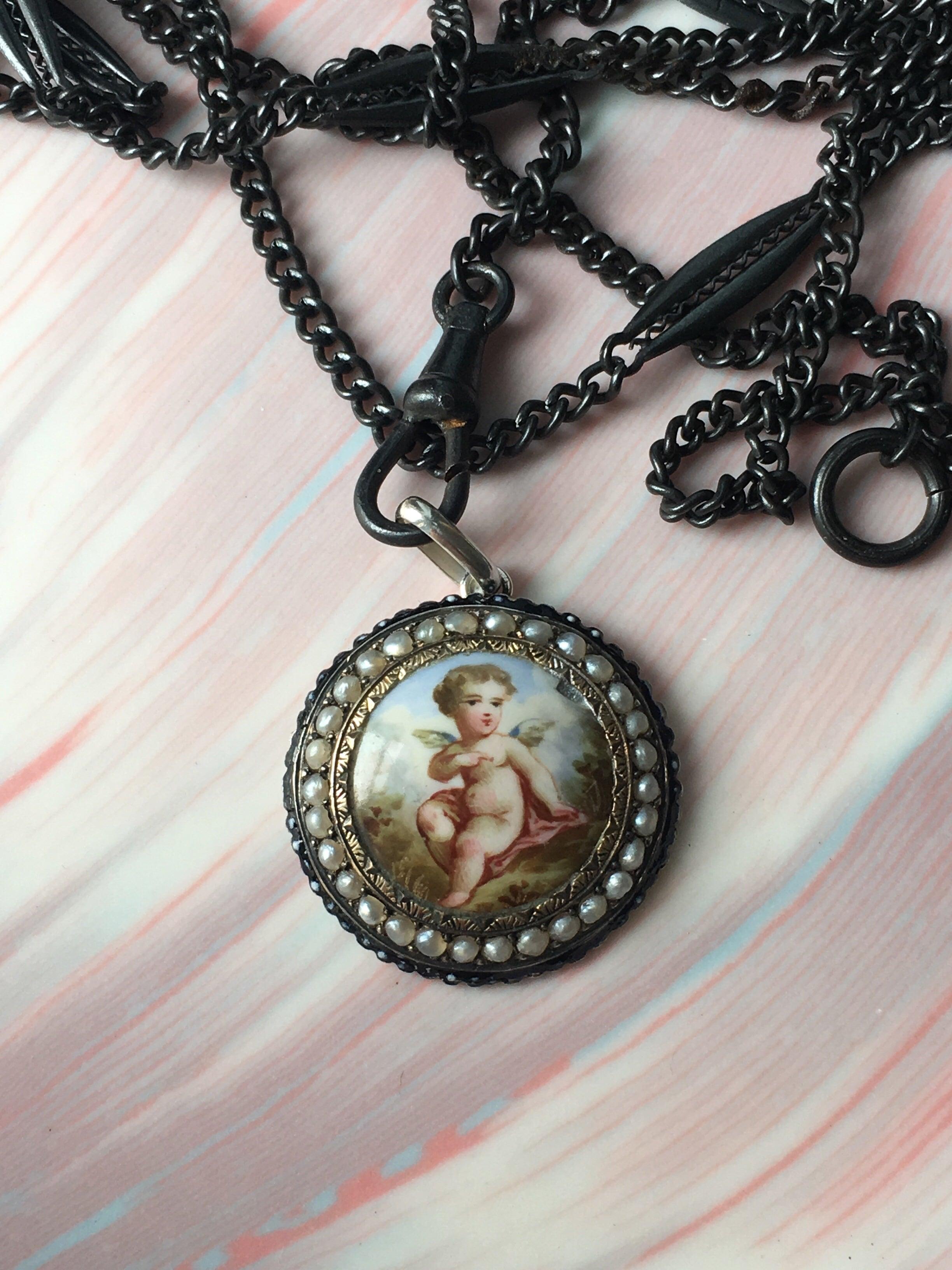 Lovely French antique enameled cherub angel pearl pendant - Curiously timeless