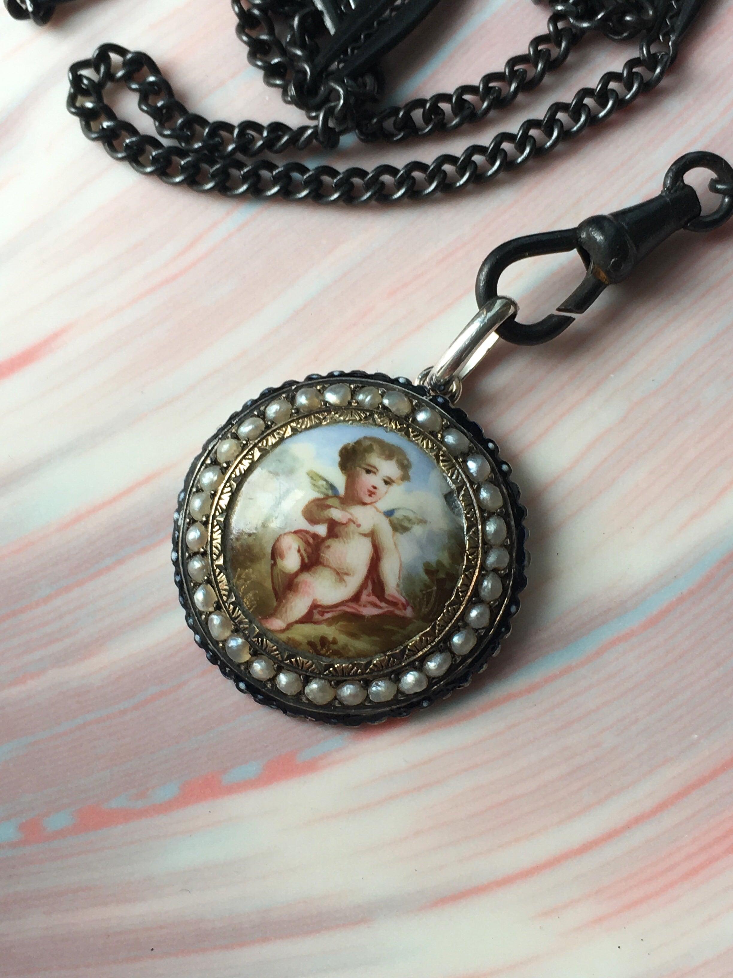 Lovely French antique enameled cherub angel pearl pendant - Curiously timeless