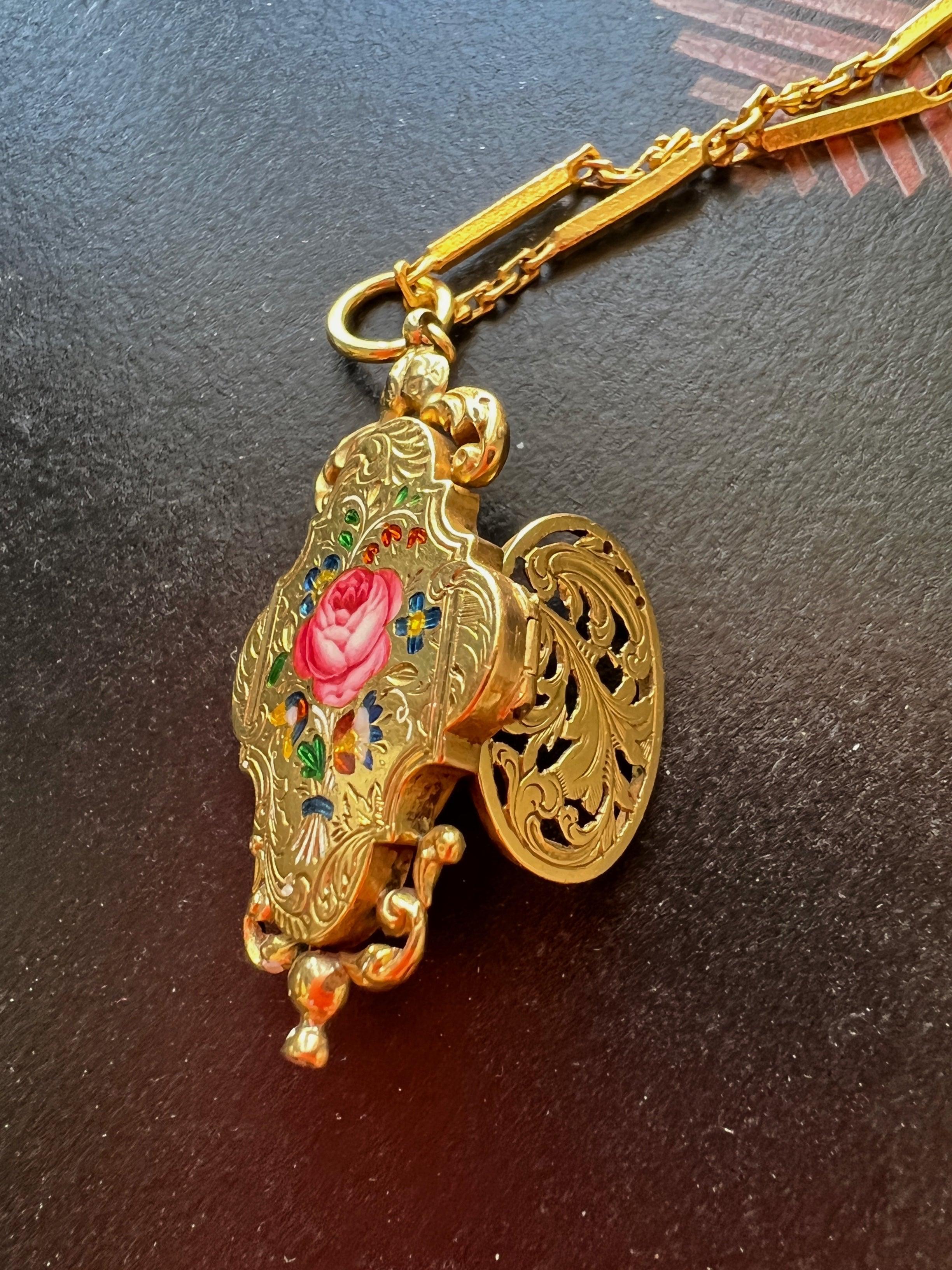 Rare French 18th century 18k gold enameled flower perfume box pendant - Curiously timeless