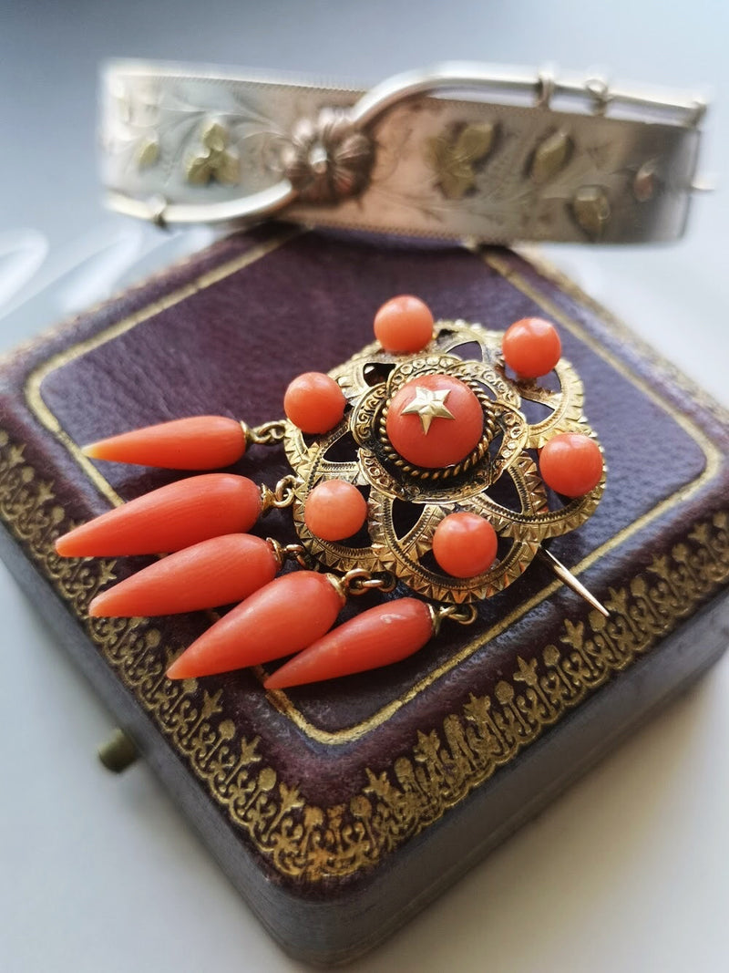 Antique 18k gold coral star brooch