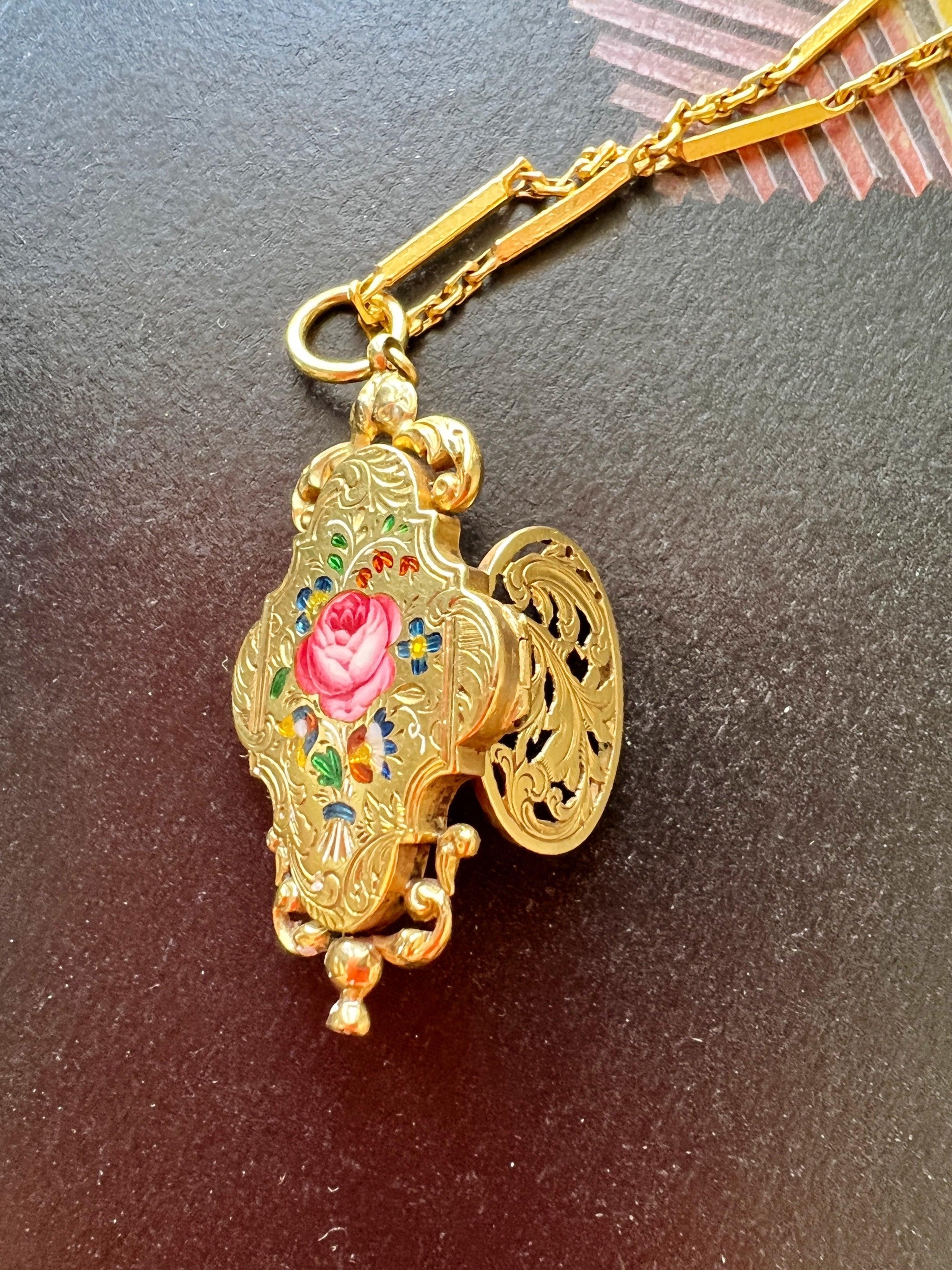 Rare French 18th century 18k gold enameled flower perfume box pendant - Curiously timeless