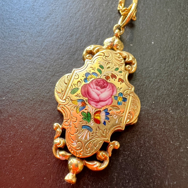 Rare French 18th century 18k gold enameled flower perfume box pendant