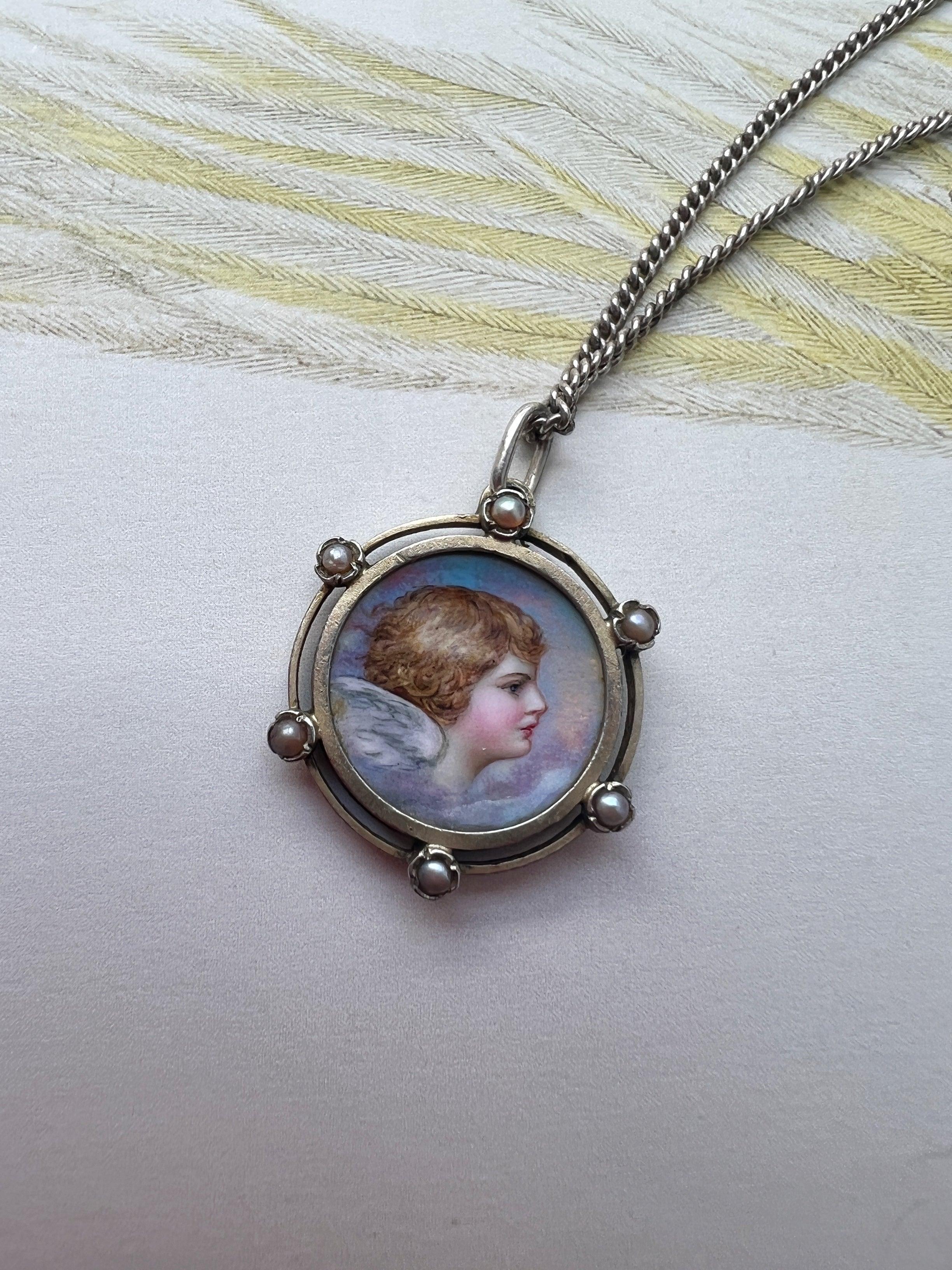 French antique enameled Angel pearl pendant necklace - Curiously timeless