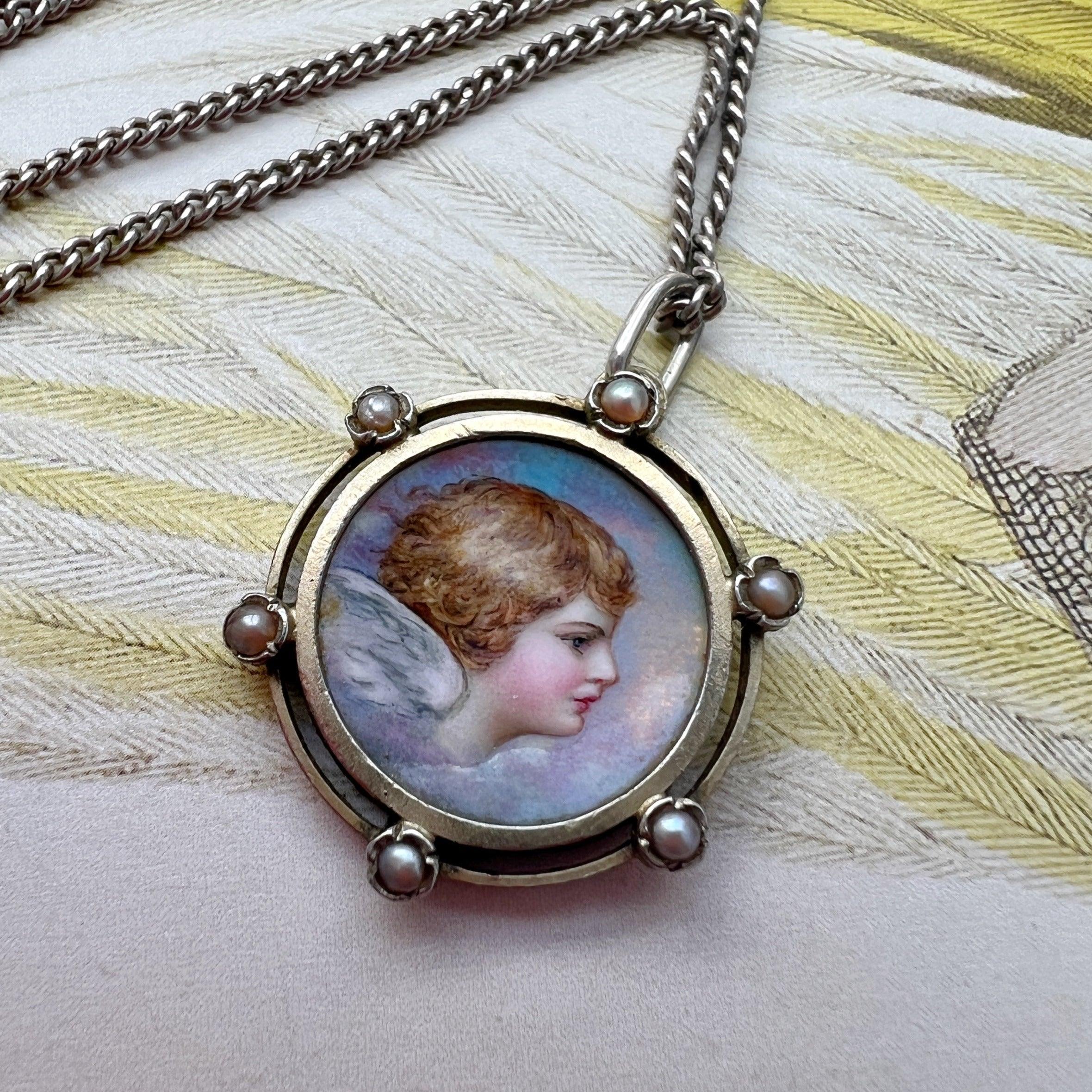 French antique enameled Angel pearl pendant necklace - Curiously timeless